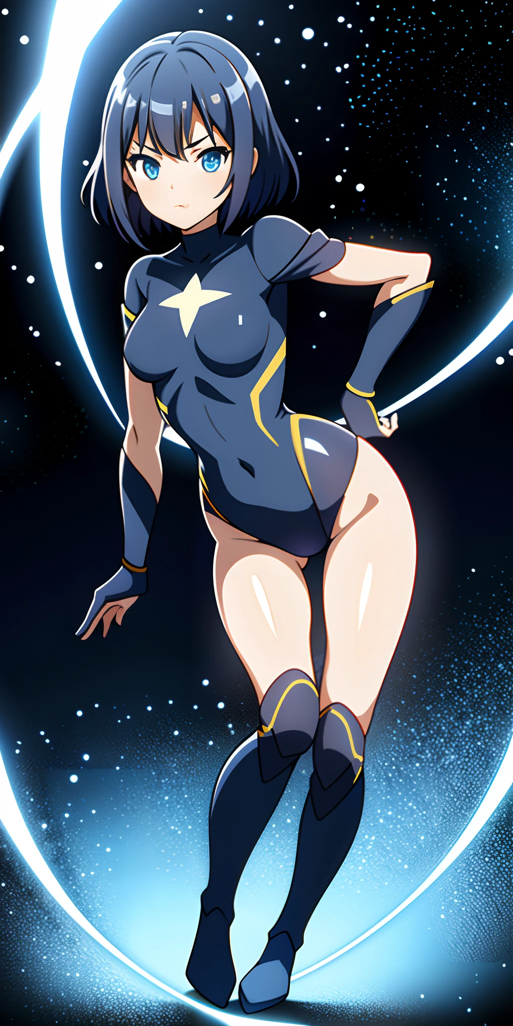 1girl, superhero, leotard, bare legs, boots, matching boots, dark blue hair, dark blue eyes, star symbol on chest, bob hair, medium breasts, light particles, aura, blue aura, stand, standing, space backdrop, magic, hand on hip, beautiful detailed eyes, body infused with blue aura, glowing body
