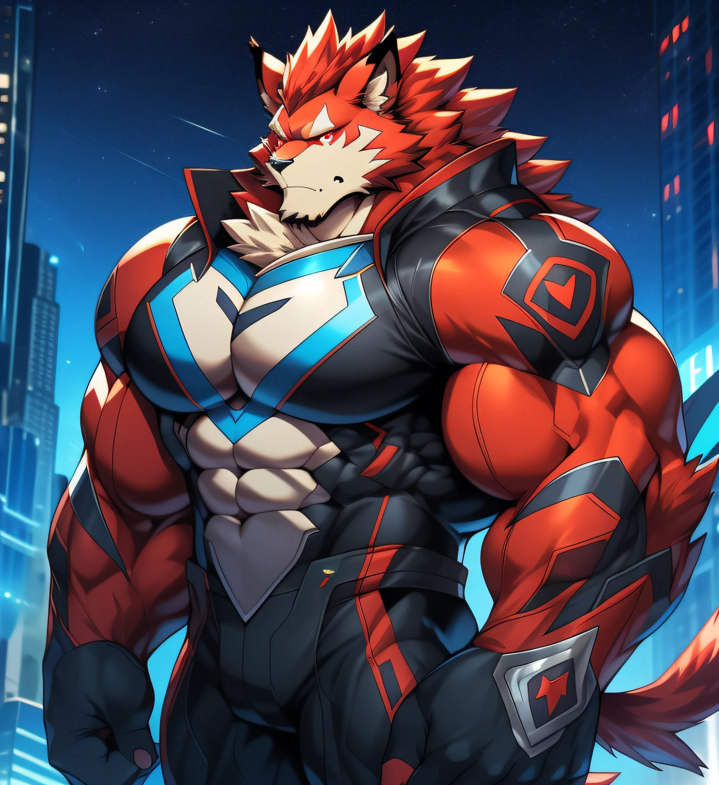 City background, skyscraper, futuristic city, night, stars, night lights, Leomon Gigachad, super hero, hero, bodysuit, massive muscles, huge pecs, chiseled abs, huge pectorals, exaggeratedly huge muscles. a furry hero whose presence inspires trust and respect. (((His hero costume is black and scarlet red.)))