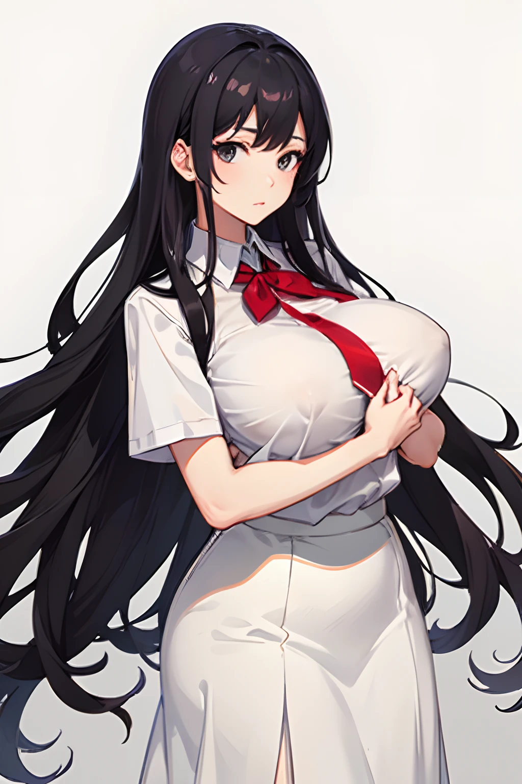 girl wearing white shirt, black hair, long hair, white skirt, black eyes, tight fit, very long skirt, hands holding skirt, very big breast