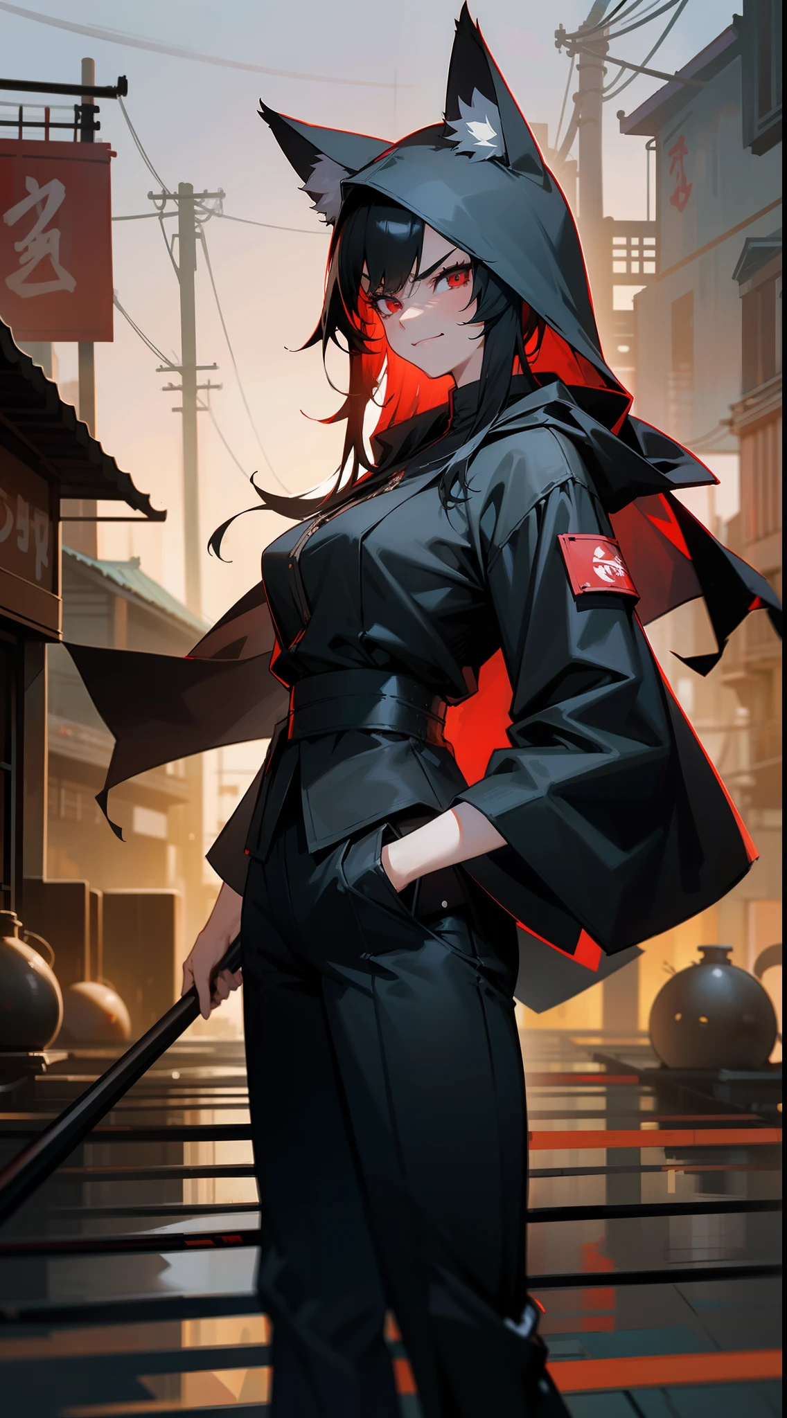 1girl,20s,tall,mature female,angry face,smile,black gangster outfit,hooded,black pants,medium tits,black hair,long hair,red eyes,fox ears,cowboy shot,((standing in asian Slum townscape,night)),night
