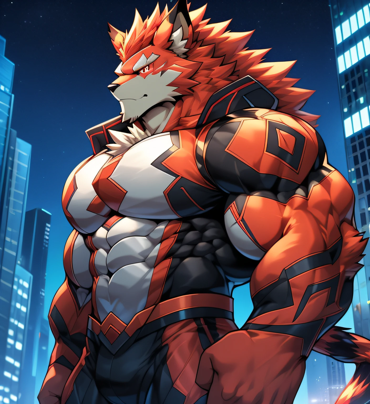 City background, skyscraper, futuristic city, night, stars, night lights, Leomon Gigachad, super hero, hero, bodysuit, massive muscles, huge pecs, chiseled abs, huge pectorals, exaggeratedly huge muscles. a furry hero whose presence inspires trust and respect. (((His hero costume is black and scarlet red.)))