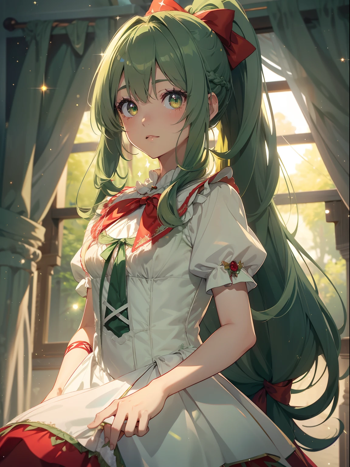 masutepiece, High resolution, 8K, anime woman, Delicate and detailed writing 、Detailed digital illustration、absurdly long hair、(((Ponytail)))、Shiny hair、a very beautiful woman、Eyes are double, Large,Little hanging eyes、 Bust E Cup、High image quality, High quality、Detailed background、((Wizard Background))、The inside of the eye shines like a diamond、(((Dark green hair)))、Gradient pupil、(((2 arms、4 fingers, 1 thumb)))、Detailed female face、a very beautiful woman、、细致背景、masterpiece、Soft Focus , Bright gradient watercolor , Lens Flare , (((Glitter))) , Glow , Dreamy ,a miniskirt、Idol、Light Green Ribbon、Very beautiful light green rose hair accessories、Light green and gold costume with white as the main color、((Macroface))、(Cool Girl).Tall lady、Dignified.((No bangs))、(Little Red Riding Hood:1.5),(White Dress:1.3)))
