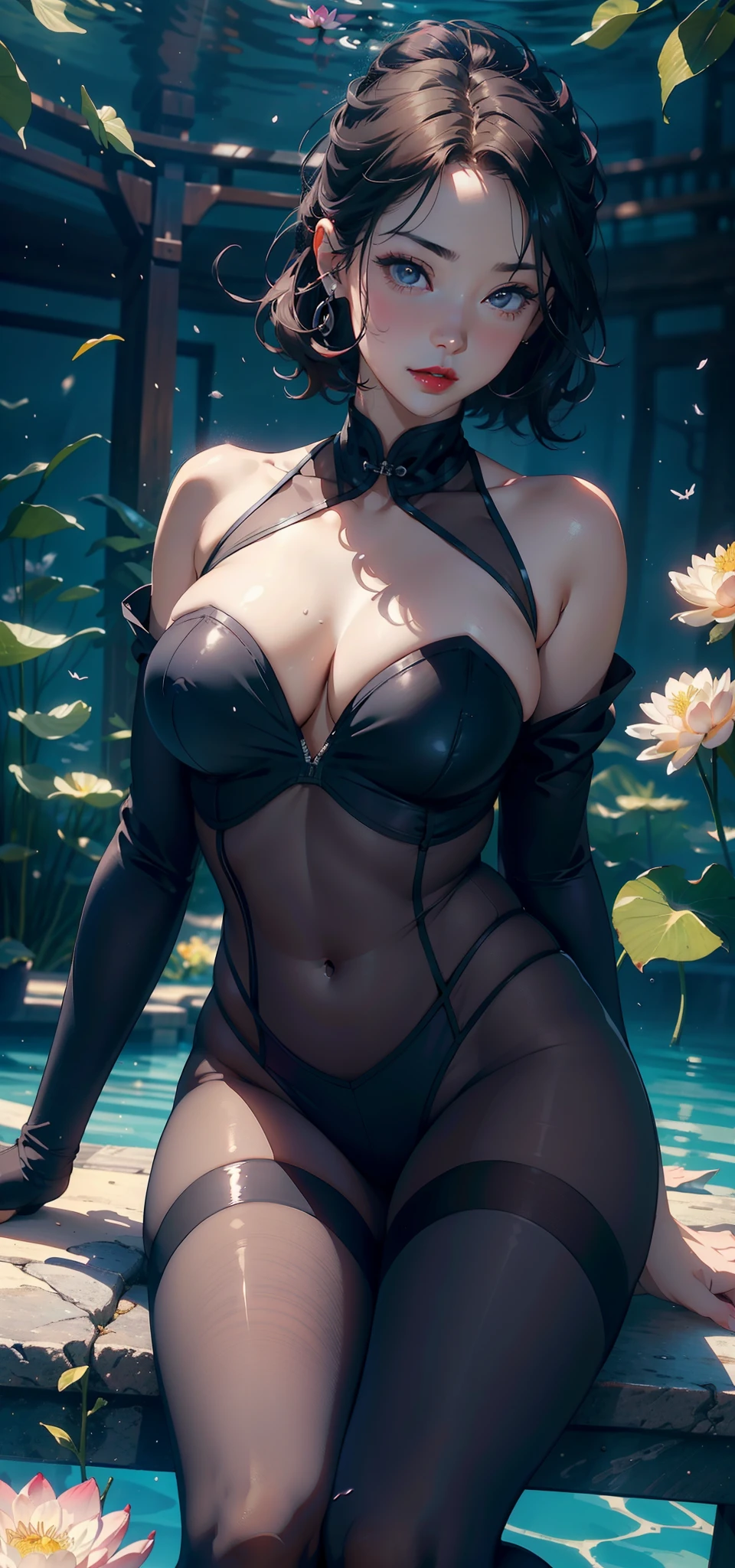 1female,45 yers old,Married Woman,熟妇,plumw,extremely large bosom, 独奏,(Background with:ponds,Cherry blossom forest,lotus flower)Lie underwater, She has short pink hair,seen from the front,, mostly cloudy sky,(((tmasterpiece),(Very detailed CG unity 8K wallpaper),best qualtiy,cinmatic lighting,detailed back ground,beatiful detailed eyes,Bright pupils,Black eyes,Snow-whiteskin,Redlip(Very fine and beautiful),(Beautiful and detailed eye description),ultra - detailed,tmasterpiece,))facing at camera,A high resolution,ultra - detailed),revealing breasts,Bare genitalia, Bulge,legs are open,Raised sexy,Camel toes,Desire for dissatisfaction,frontage,Stewardess(Wearing:Transparent black tights,Black tights)