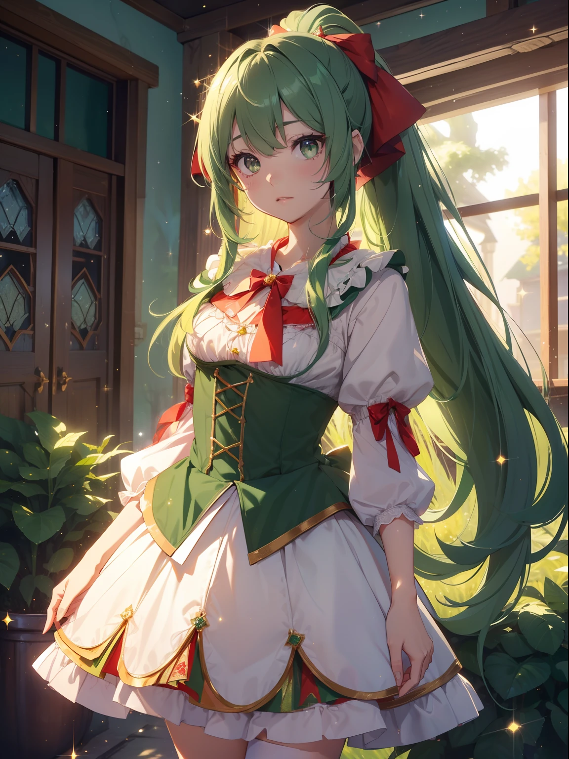masutepiece, High resolution, 8K, anime woman, Delicate and detailed writing 、Detailed digital illustration、absurdly long hair、(((Ponytail)))、Shiny hair、a very beautiful woman、Eyes are double, Large,Little hanging eyes、 Bust E Cup、High image quality, High quality、Detailed background、((Wizard Background))、The inside of the eye shines like a diamond、(((Dark green hair)))、Gradient pupil、(((2 arms、4 fingers, 1 thumb)))、Detailed female face、a very beautiful woman、、细致背景、masterpiece、Soft Focus , Bright gradient watercolor , Lens Flare , (((Glitter))) , Glow , Dreamy ,a miniskirt、Idol、Light Green Ribbon、Very beautiful light green rose hair accessories、Light green and gold costume with white as the main color、((Macroface))、(Cool Girl).Tall lady、Dignified.((No bangs))、(Little Red Riding Hood:1.5),(White Dress:1.3)))