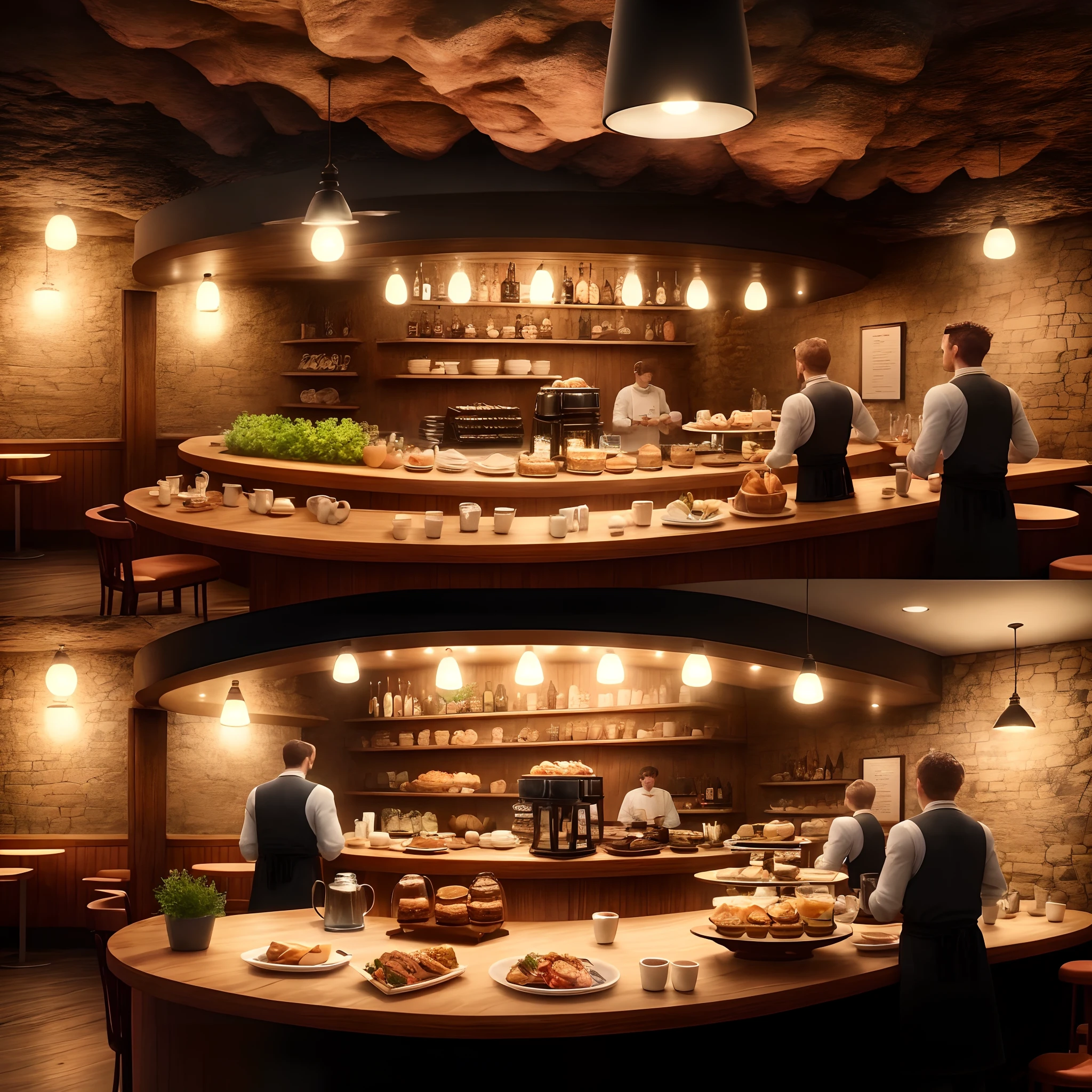 The interior of a cafe restaurant with a cave theme and waiters who look like early humans. real picture Dimensions: 1.2. Real details. in the light of day