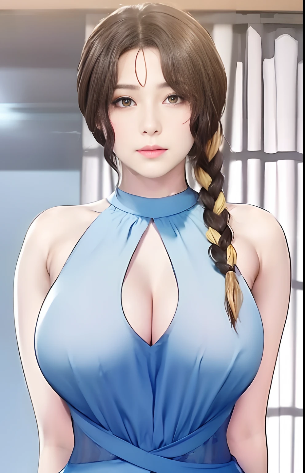 Woman in blue dress, big breast, yellow ribbon in braided hair