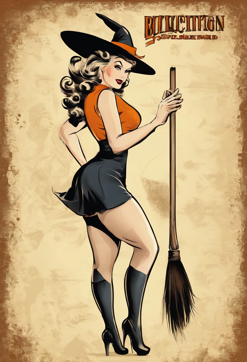 Full body shot, R18, 50s retro feel, pin-up witch splash art