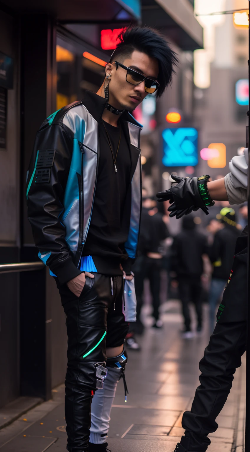 they are two men standing on the sidewalk with their hands on their hipss, cyberpunk clothes, cyberpunk wearing, cyberpunk streetwear, wearing cyberpunk 2 0 7 7 jacket, cyberpunk fashion, cyberpunk style outfit, cyberpunk outfits, cyber future jacket, wearing cyberpunk streetwear, cyberpunk outfit, cyberpunk fashion clothing, cyberpunk fashion clothes, wearing cyberpunk leather jacket, cyberpunk accessory, cyberpunk street goon
