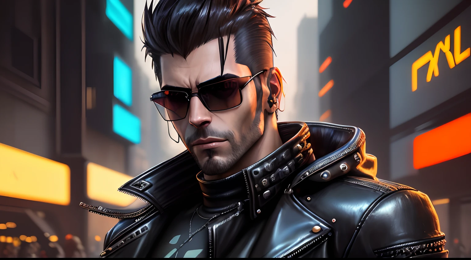 arafed man in a leather jacket and sunglasses posing for a picture, handsome stunning realistic, hyper-realistic cyberpunk style, photorealistic artstyle, hyper realistic style, portrait of a cyberpunk man, wearing cyberpunk leather jacket, cyberpunk style , hyperrealistic, anton fadeev 8 k, realistic artstyle, slick hair, portrait of adam jensen