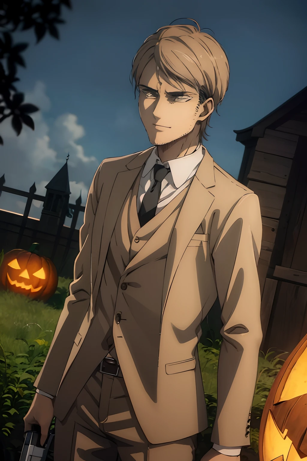 Attack on Titan,Jean,smil,Wearing a suit,male people,animesque,hight resolution、hightquality、absurderes、finely detail、Manga、Anime coloring、A slight smil、Pumpkin Lantern、 ember,shorth hair,enticing,Halloween Costumes,Dramatic Angle,the woods,natta,early evening,ghosts