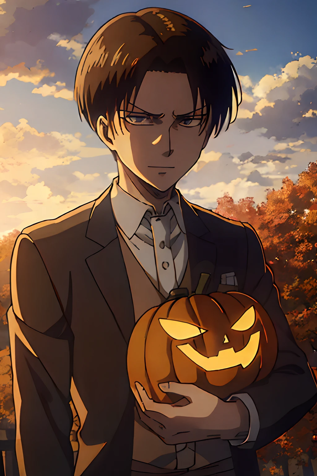 Attack on Titan,Leviaackerman,Wearing a suit,male people,animesque,hight resolution、hightquality、absurderes、finely detail、Manga、Anime coloring、A slight smil、Pumpkin Lantern、 ember,shorth hair,enticing,Halloween Costumes,Dramatic Angle,the woods,natta,early evening,ghosts