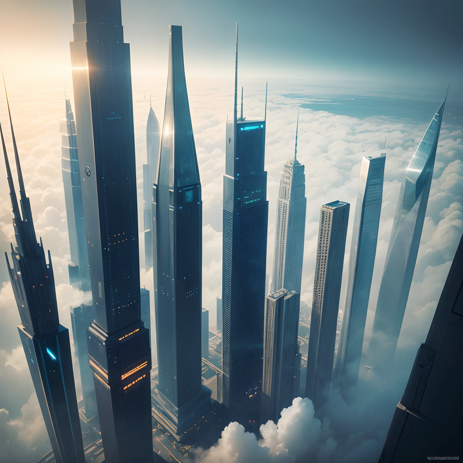 Skyscrapers up to a height that pierces through the clouds are lined up，cyberpunked，ＳＦart by，kosmos，Epcot，Glass skyscraper，StarWars，Futuristic cities，planet earth，Megacities，Far above the clouds，