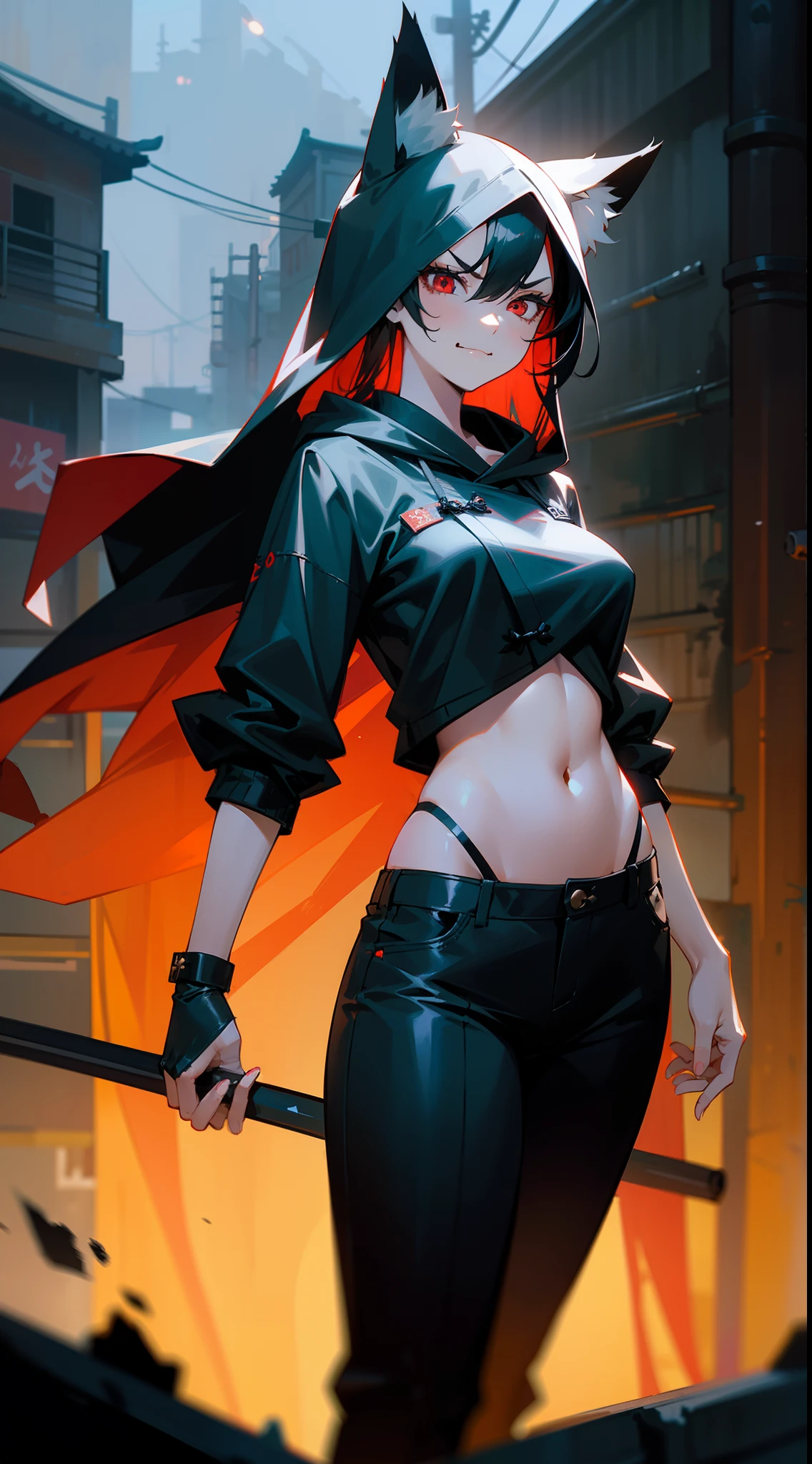 1girl,20s,tall,mature female,angry face,smile,black gangster outfit,hooded,black pants,medium tits,black hair,long hair,red eyes,fox ears,navel,cowboy shot,((standing in asian Slum townscape,night)),night