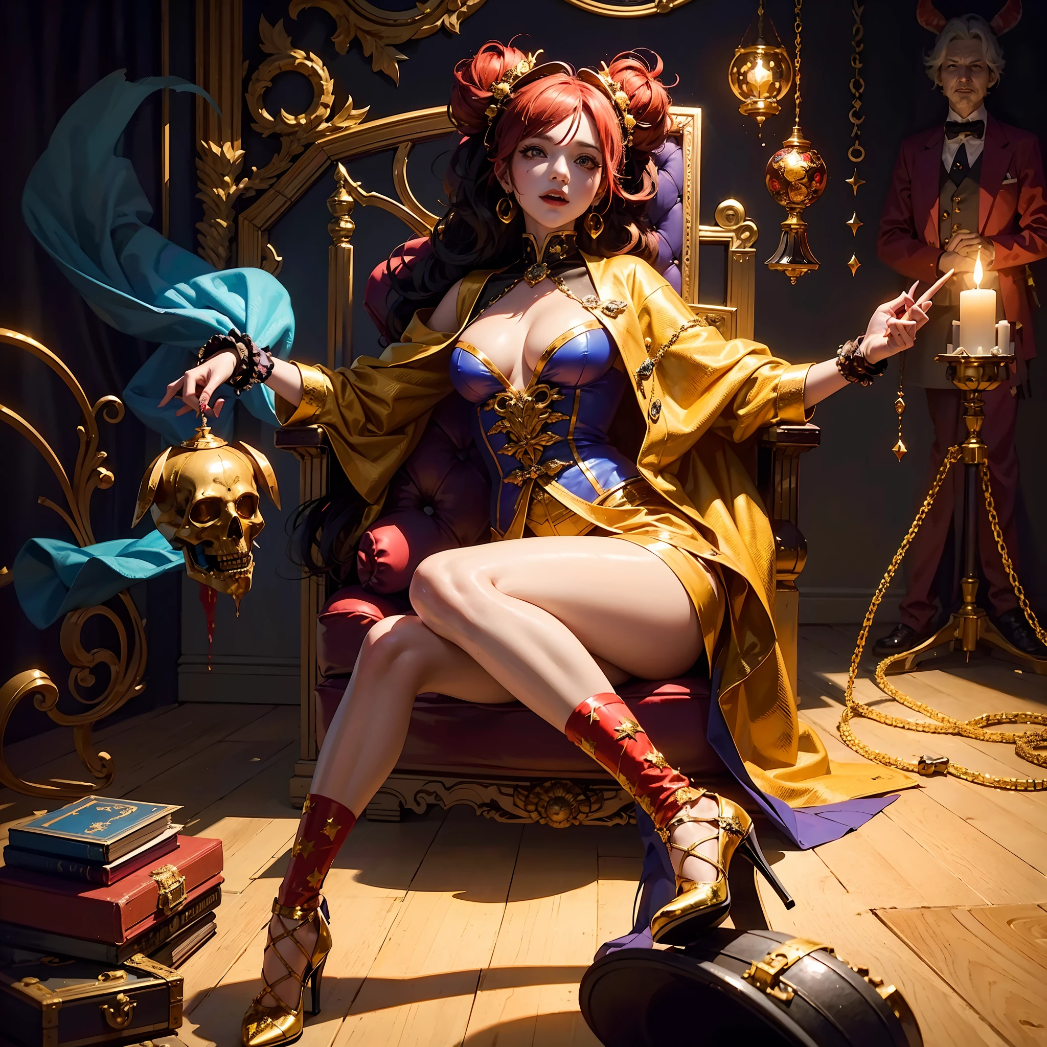 Crazy Clown Queen,sitting on golden throne,Jester cap,Clown costume, mitts,Vibrant colors, burst into laughter, dark gold hair,Cute,Horror,Wavy hair, hair-bun,high-heels。 (It's all blood),Circus props, spooky ambiance, haunted background。style of surrealism, Sharp contrast,ominous lighting,hdr,hyper HD,Studio lighting,painting-like,Ultra-fine painting,Sharp focus,Physically-based rendering,Extreme detail description,professional,((Horror)).
