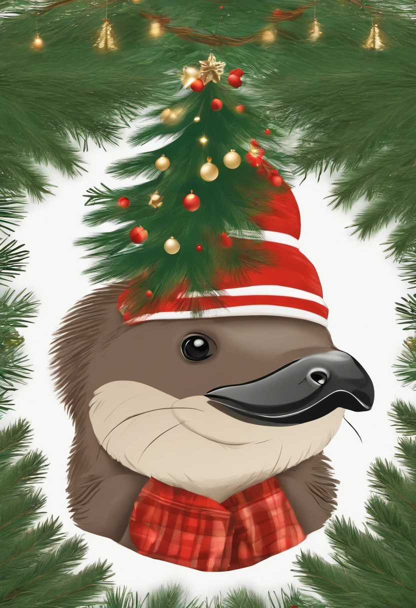 Cute platypus with christmas on the head, tree pine background, with plain white background clipart t-shirt design, photo, vibrant
