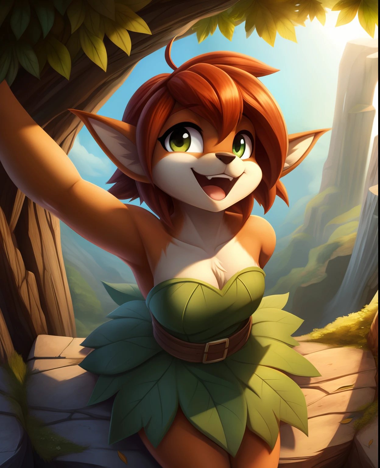 score_9, score_8_up, score_7_up, score_6_up, BREAK, source_anime, 1girl, elora, faun \(spyro\), red hair, mammal, anthro, deer, green eyes, leaf dress, hands behind back, smile, upper body, looking at viewer, solo, high-definition resolution,paws pose,showing the crotch to the viewer, seductive eyes,outdoor,standing,swimsuit, outdoor cafe, detailed background, clothed,heavy hyper overfilled bursting breast_implant which are getting bigger and bigger, the skin is stretched to the point of tearing and about to burst