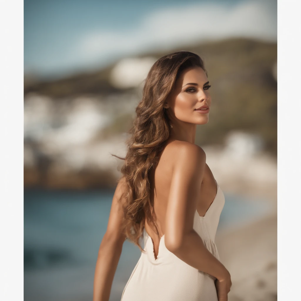 Gere uma imagem ultrarealista da nossa modelo do produto 'solitas'. Visualize a stylish model of our spray tan in a sunny beach setting. A modelo deve refletir a qualidade, Modernidade, e beleza. Have a model apply the spray tan to show its use and effectiveness. Highlight the different shades available from the product to showcase its versatility.