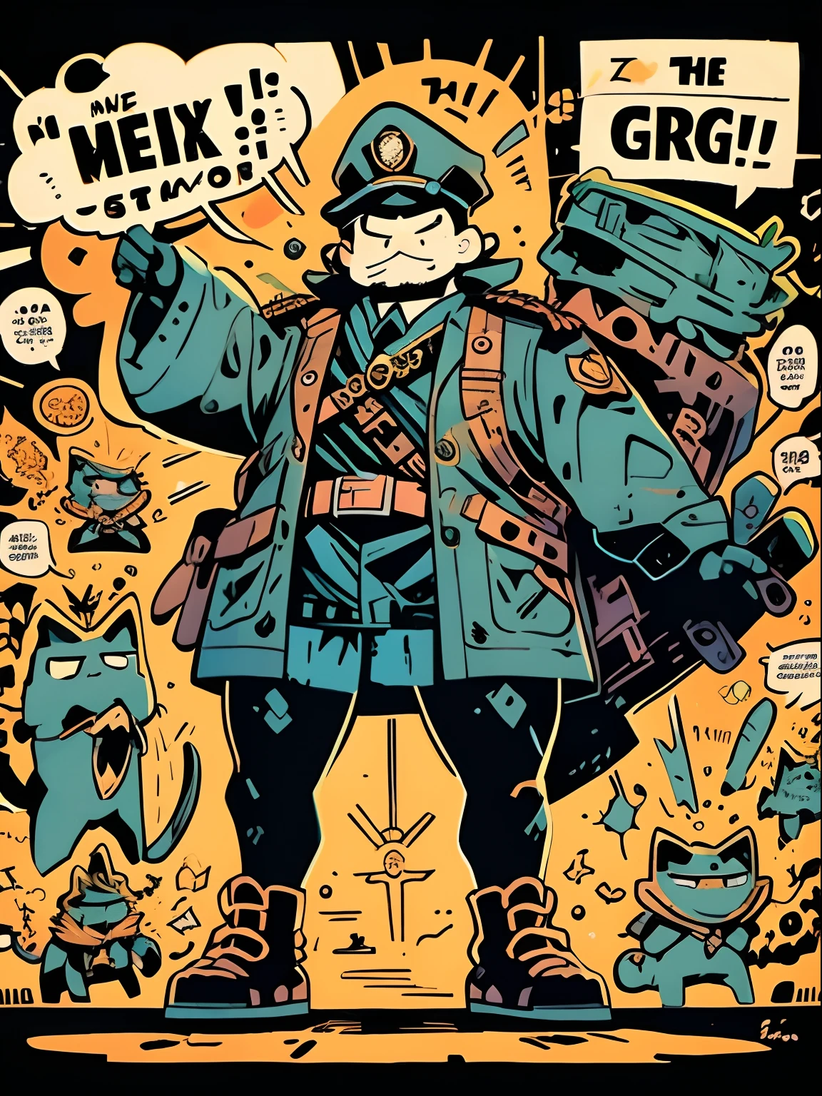 A German lieutenant and his men deliver secret materials。Comic cover close-up with a bunch of characters, mignola, author：Mike Mignola, Mike Miniola style, moebius and mike mignola, Inspired by Mike Miniola, Thick ink!!!!!!! Mike Mignola, paul pope, large view, Druiddle, Jeff Darrow, color spread, posuka demizu, chris bachalo