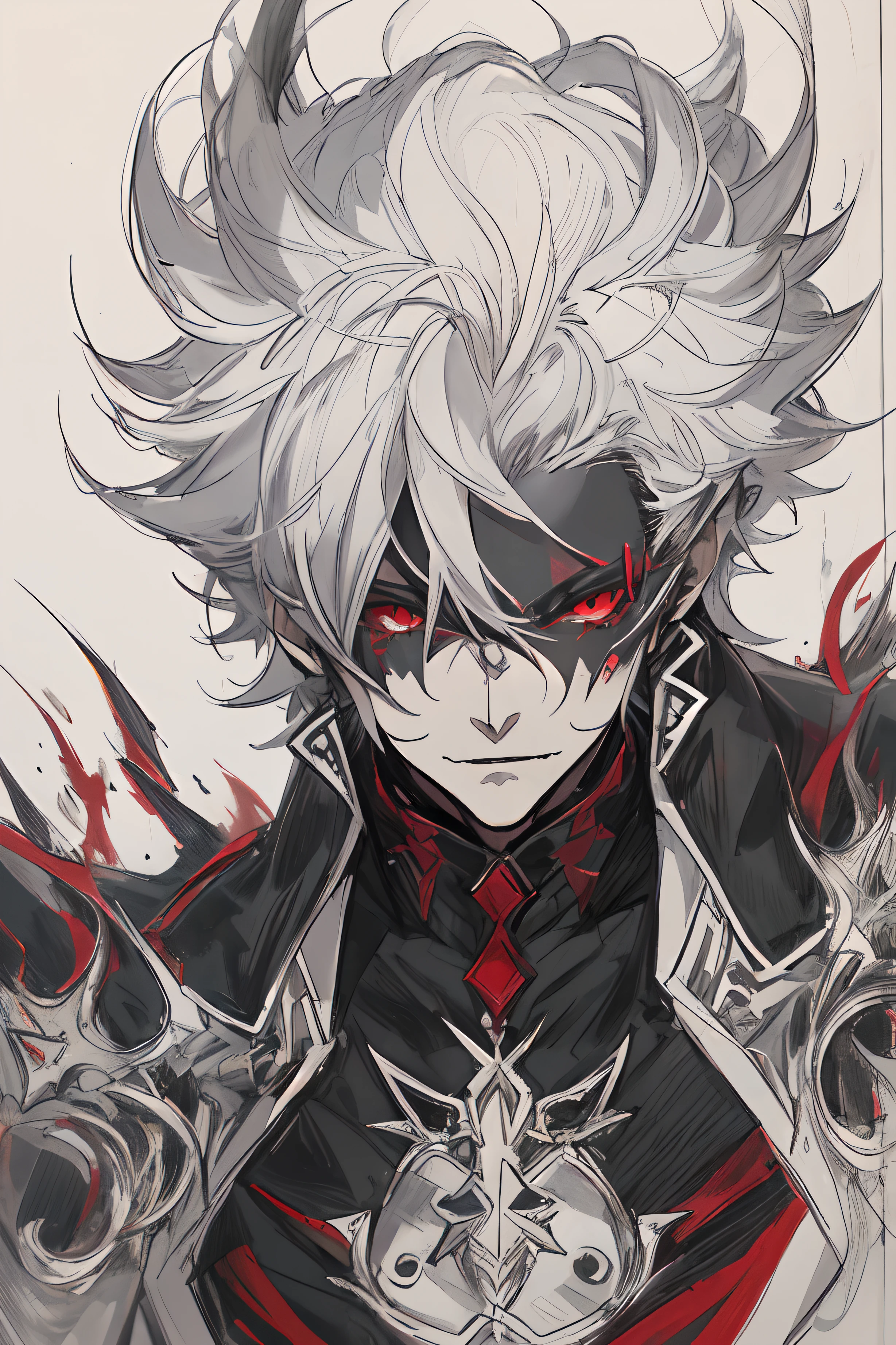 "Incredibly detailed anime sketch of a solo ((musculoso)) ((Handsome)) ((de pele escura)) Demon boy with white hair and red eyes. Ele exala maturidade e tem chifres vermelhos e pretos marcantes.. Dressed in demonic fantasy clothes, including a black capelet and a red and black demonic aura, He resembles a dark prince."