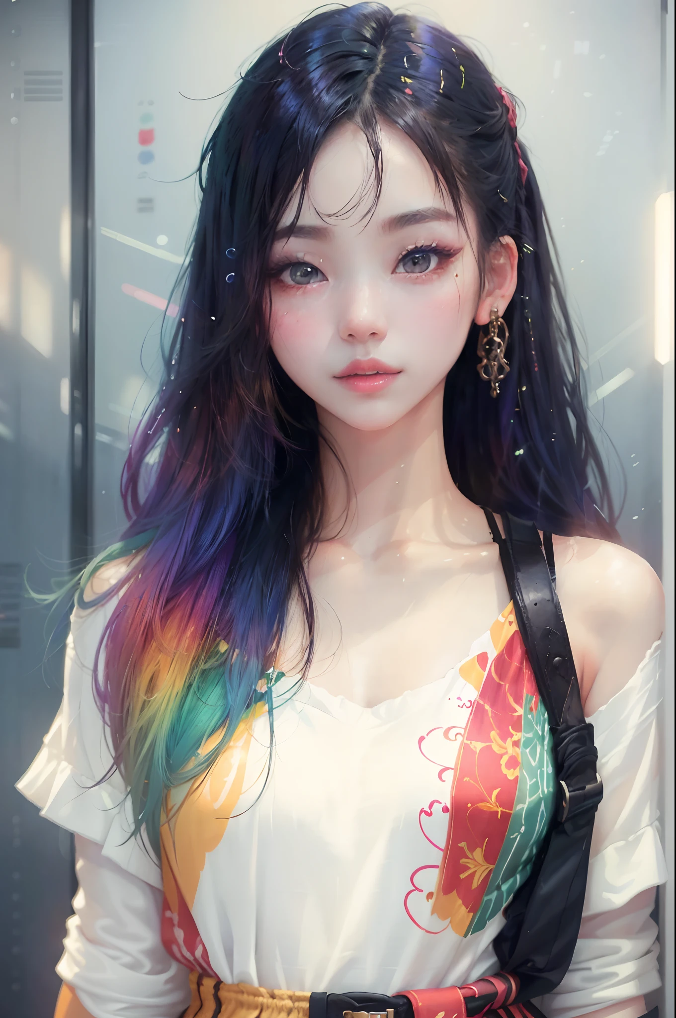 A girl in the elevator, an artistic illustration, vibrant colors, beautiful detailed eyes, beautiful detailed lips, long eyelashes, soft and smooth skin, fashionable outfit, confident pose, natural lighting, high quality, realistic rendering, colorful palette.