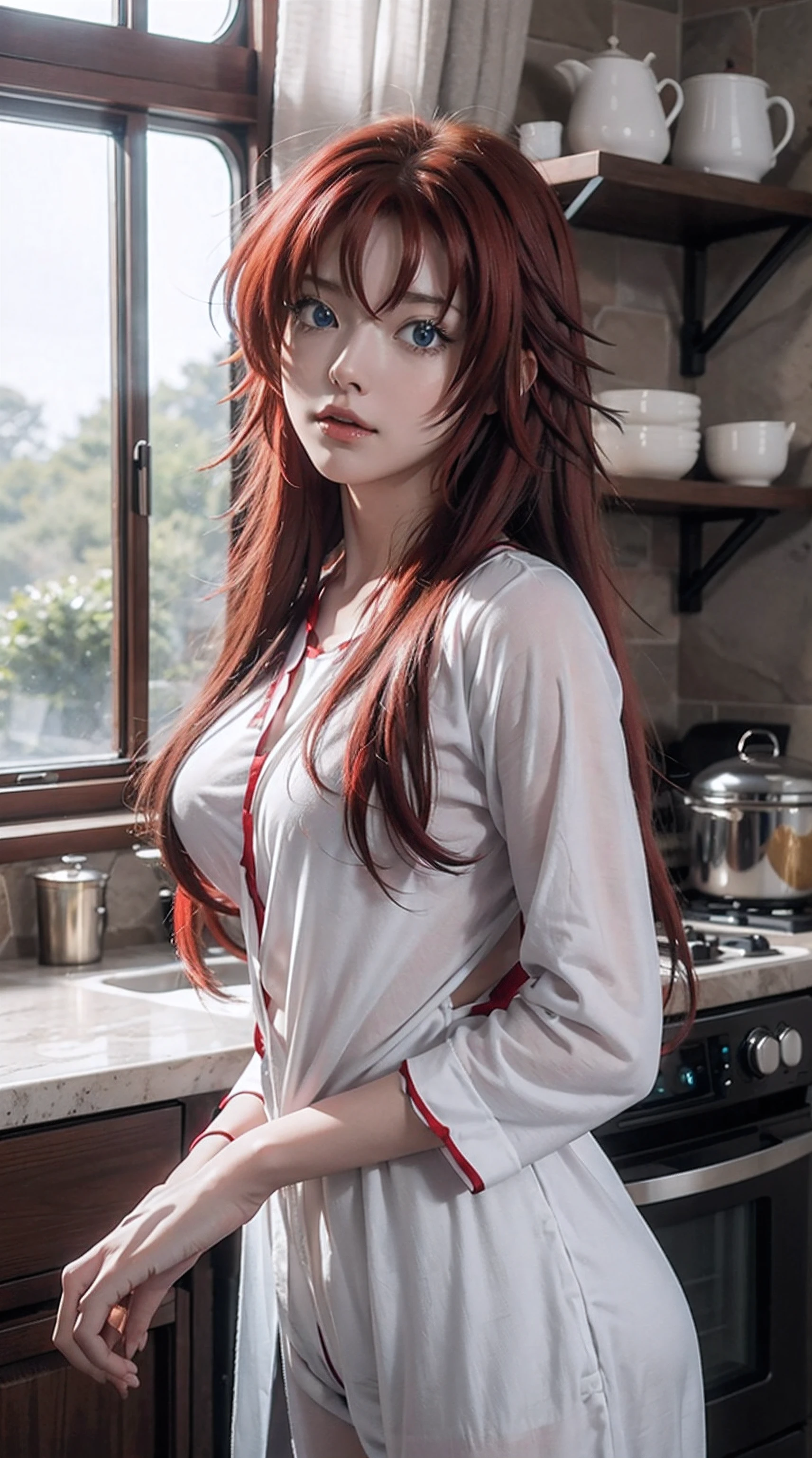 rias gremory, red hair, long hair, blue eyes, beautiful, beautiful woman, perfect body, perfect breasts, wearing white pajamas, pajamas, sleepwear, in the kitchen, clear kitchen, looking at the viewer, a slight smile, realism, masterpiece, textured skin , super detail, high detail, high quality, best quality, 1080p, 16k