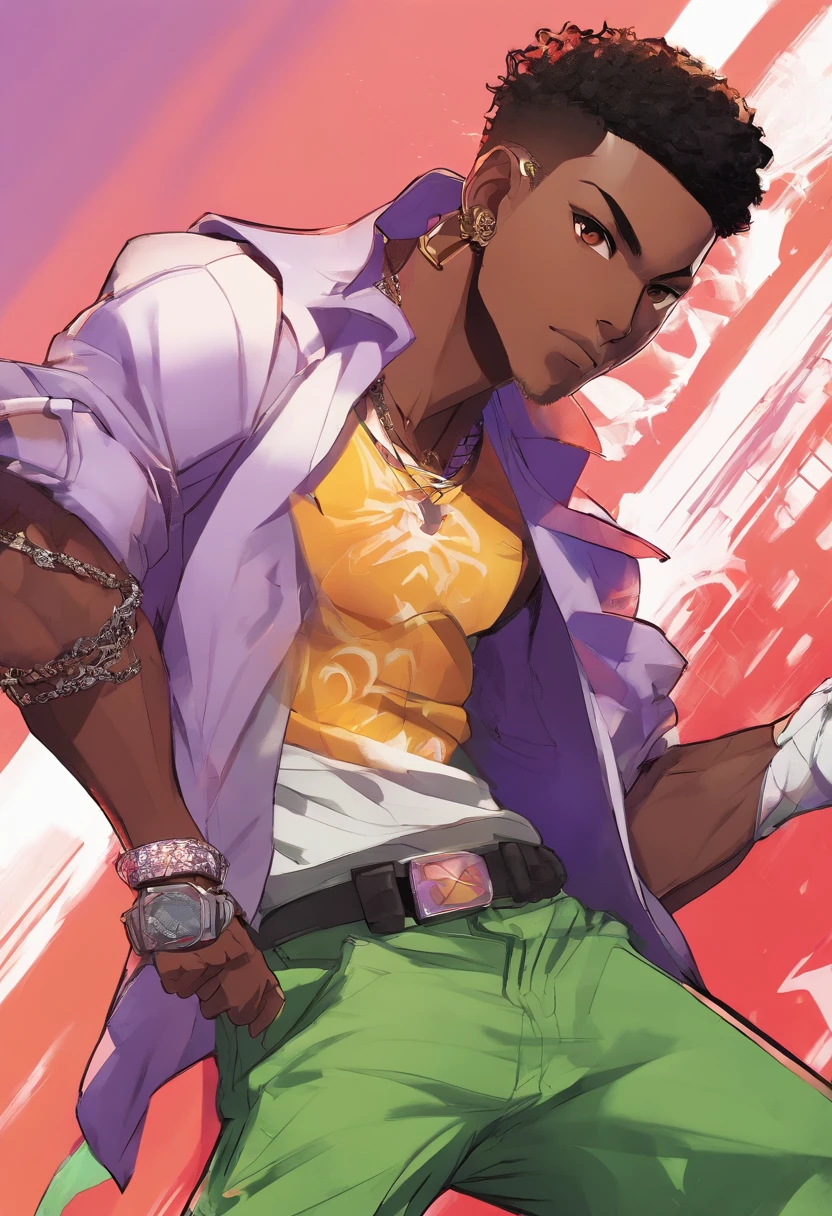 a close up of a dark skin person in a dark green shirt with black sleeves, chained belt, African American character in tekken, emerald green eyes, buzzcut hair, full body close-up shot, male character, single character full body, full body shot hyperdetailed, style of mirror\'s edge, kentaro miura style, full body render, daigo ikeno, highly detailed full body, full body portrait shot