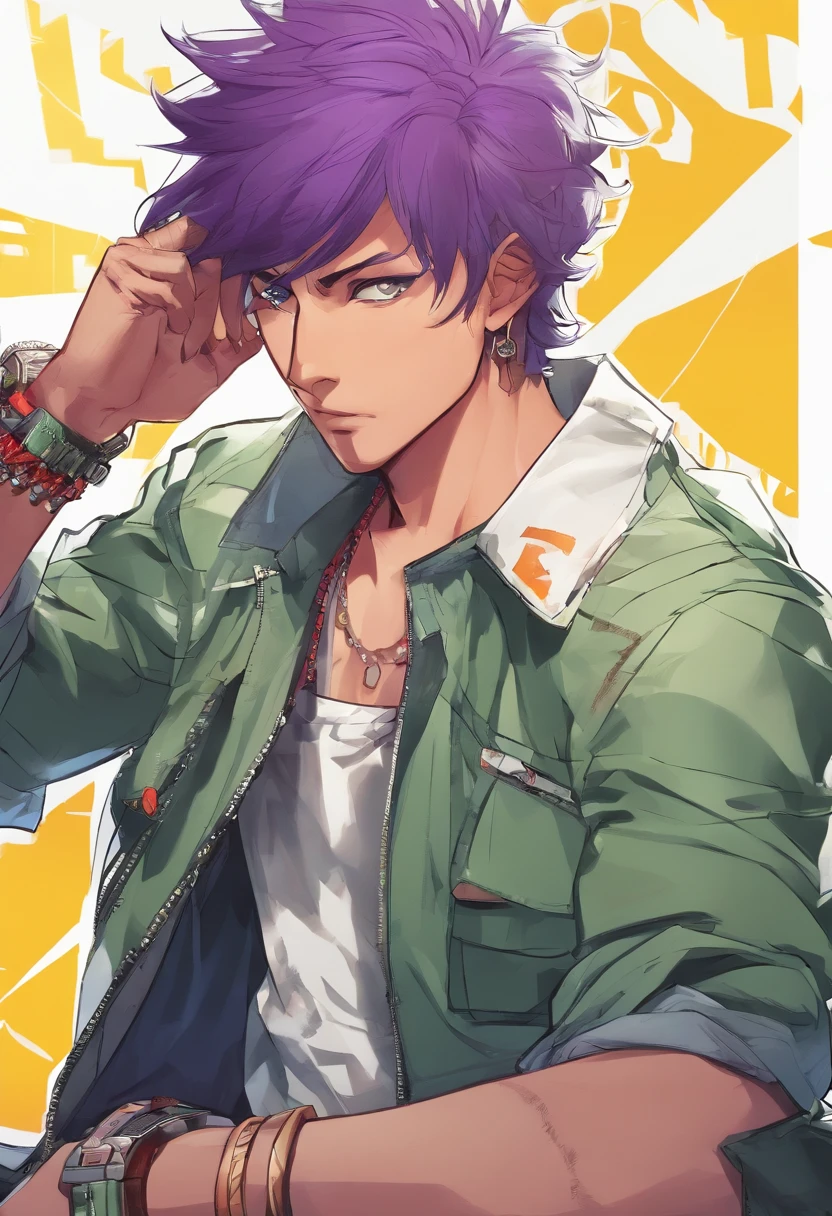 anime - style illustration of a man with a watch on his wrist, a close up of a dark skin person in a dark red shirt with an white jacket, his lower clothing consists of ripped jeans((dark green)) with chained belt equipped, African American character in tekken, multicolored eyes((purple and yellow gradient)), faded crew cut hair, full body close-up shot, male character, single character full body, full body shot hyperdetailed, style of mirror\'s edge, kentaro miura style, full body render, key anime art, advanced digital anime art ”, anime handsome man, handsome anime pose, , highly detailed full body, full body portrait shot, kentaro miura art, kentaro miura manga art style, kentaro miura art style