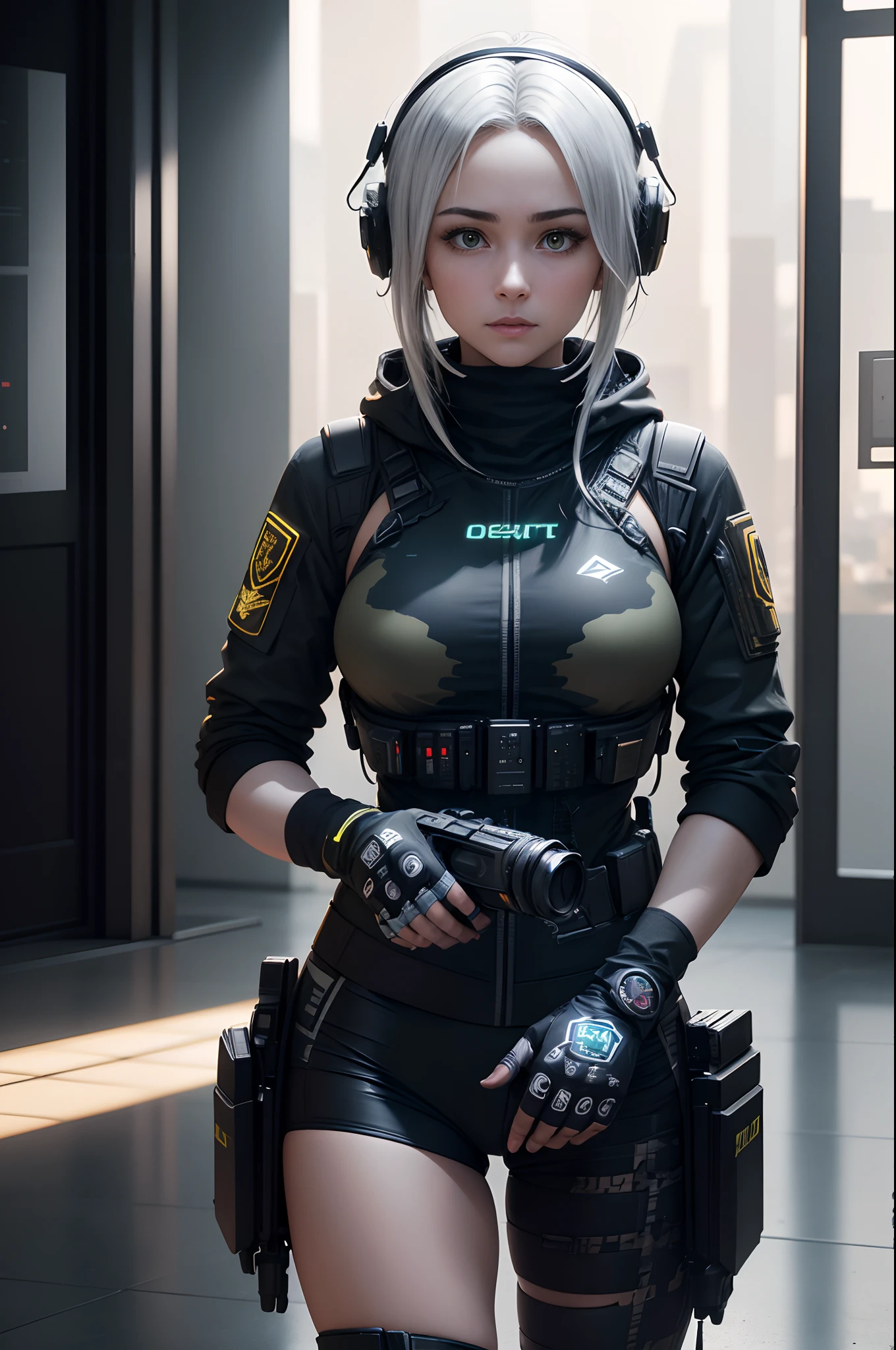 ((melhor qualidade)), ((obra-prima)), (alto detalhe: 1.3), ..3d, machine gun in hand, beautiful special forces shooting (Cyberpunk:1.2), Robort, mulher com cabelo volumoso espesso em (em camouflage_uniforme:1.1), bullet proof vest, capa de chuva, digital (camuflagem: 1.3), HDR (high dynamic range), ray tracing, NVIDIA RTX, ultra-highresolution, irreal 5, espalhamento subsuperficial, PBR Texturing, Post-processing, anisotropic filtering, profundidade de campo, Maximum clarity and sharpness,  texturas multicamadas, Albedo and reflection maps, surface shading, accurate simulation of the interaction of light and material, ideal proportions, octane rendering, two-color lighting, ampla abertura, ISO baixo, White balance, rule of thirds, 8K BRUTO, subpixel efetivo, Subpixel convolution,