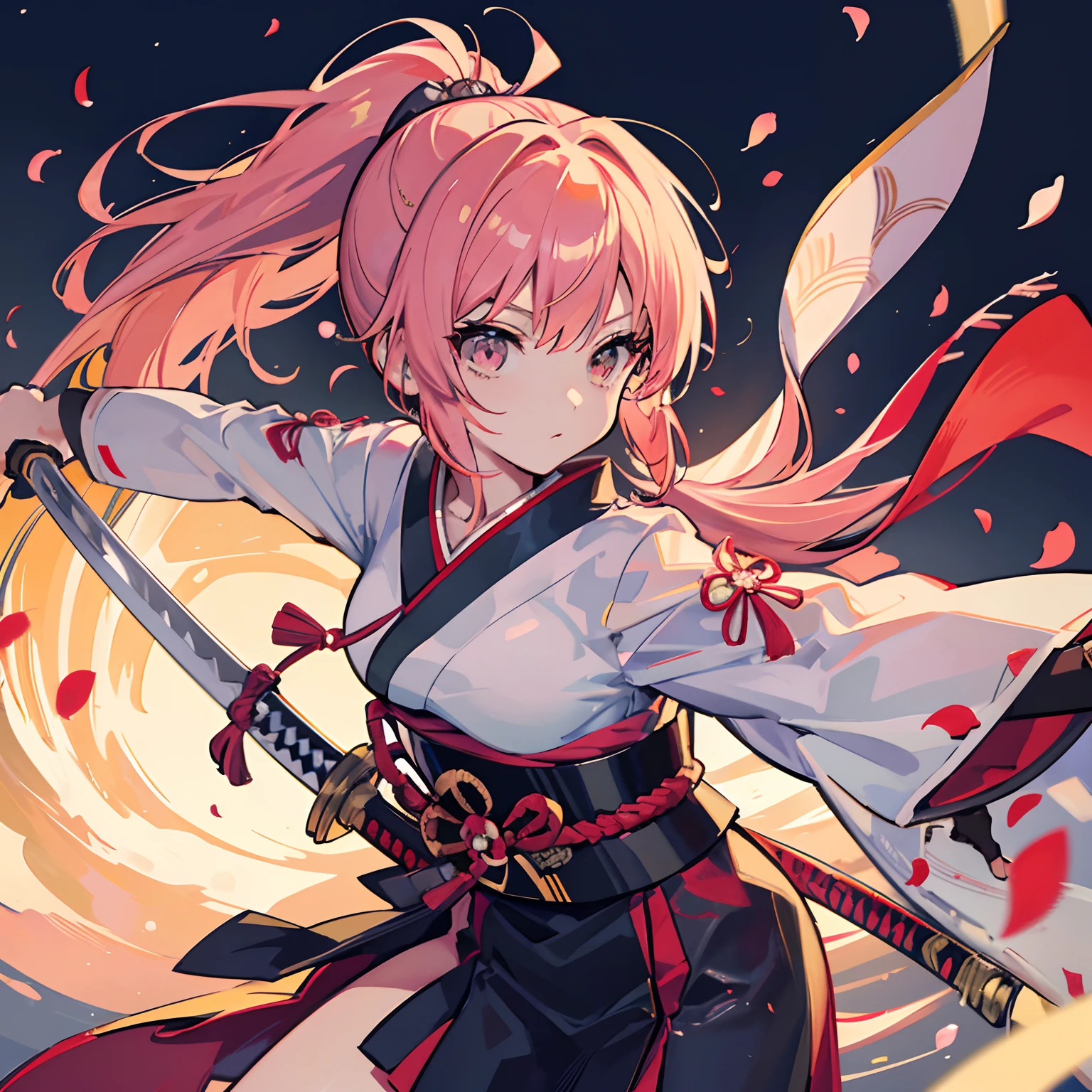 masutepiece, Fine detail, 4K, 8K, 12K, Solo, Solo, Beautiful Girl, caucasian female, Ponytail, sword holding, Japanese Sword, war, komono, japanese architecture, Dancing petals