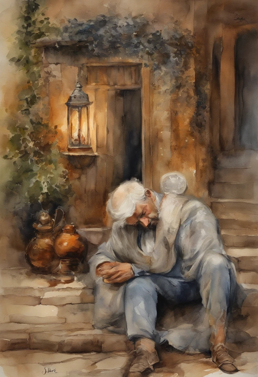 Um rua onde vielas se encontram, personagem masculino de meia-idade, com cabelos grisalhos e barba por fazer. His expression of agony is frozen on his pale face, Lying on the cobblestone floor, vemos a cena de cima, um vulto sutil em uma parte das vielas