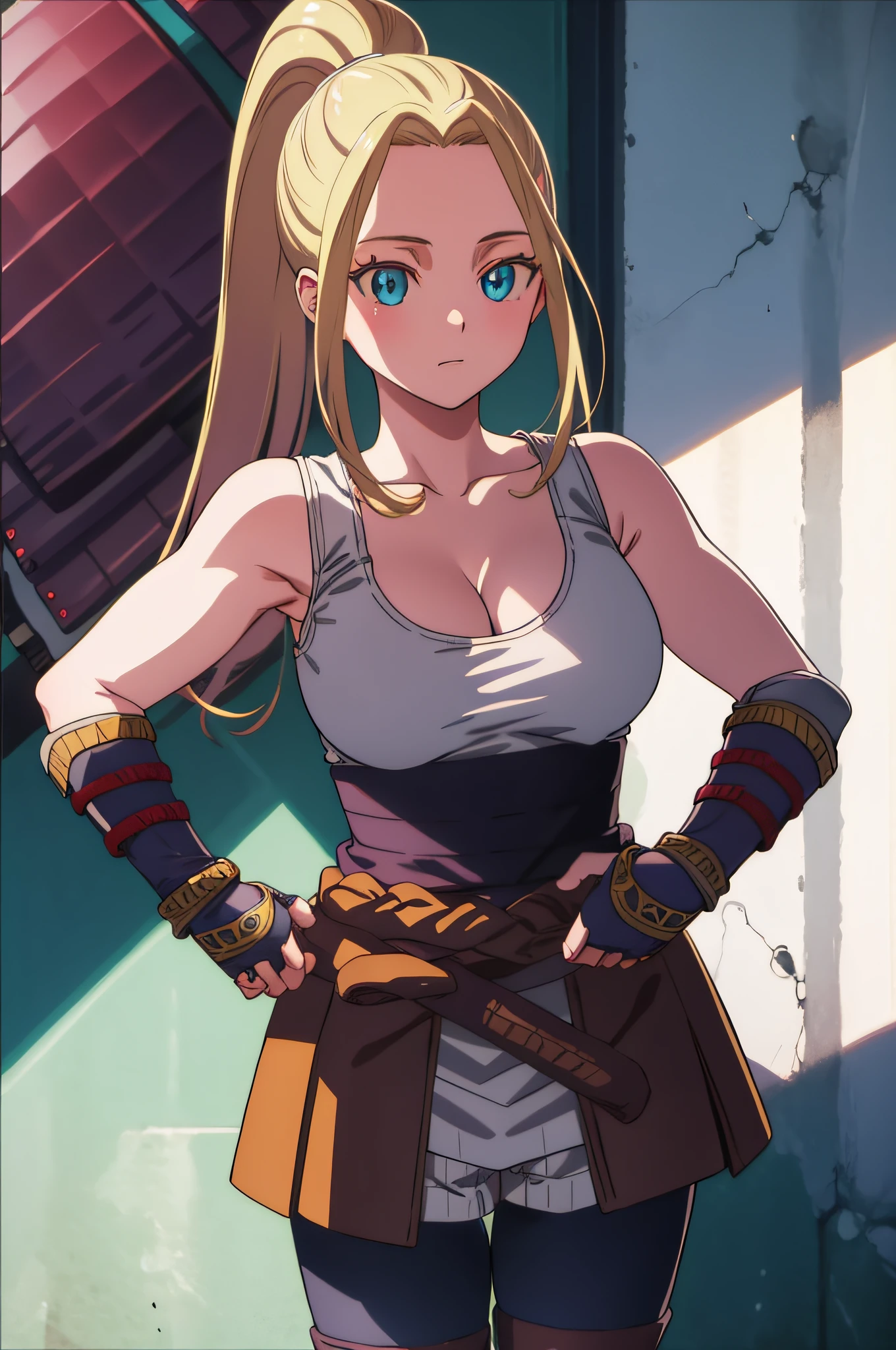 beatrixamerhauser, beatrix amerhauser, long hair, blue eyes, blonde hair, gloves, ponytail, (medium breast:1.2),
BREAK gloves, fingerless gloves, armor, japanese armor, tank top, white tank top, cleavage, collarbone,
BREAK looking at viewer,
BREAK outdoors,
BREAK (masterpiece:1.2), best quality, high resolution, unity 8k wallpaper, (illustration:0.8), (beautiful detailed eyes:1.6), extremely detailed face, perfect lighting, extremely detailed CG, (perfect hands, perfect anatomy),