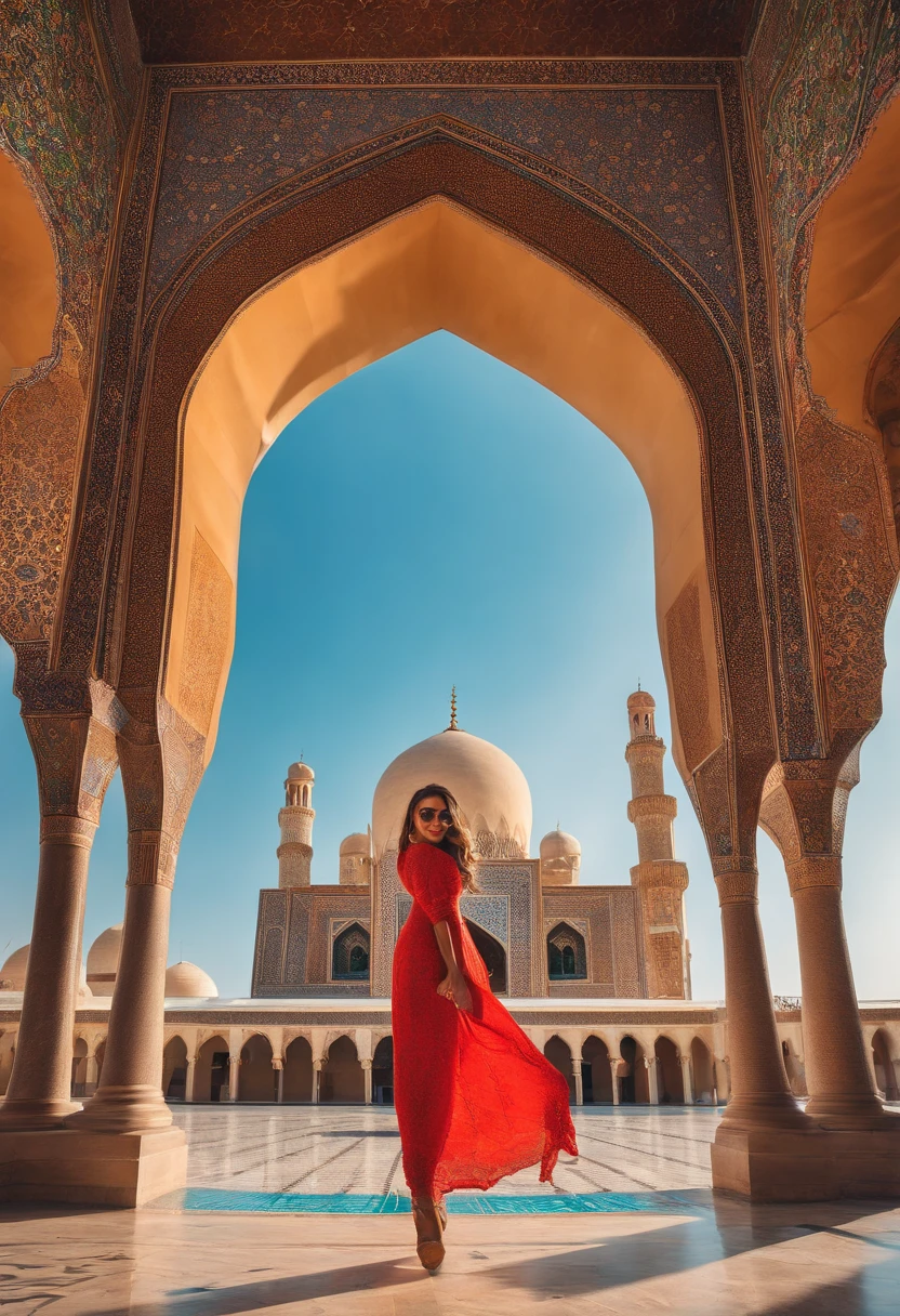 full photo long shot jumping very pretty attractive lovely legs dress Iranian model style in her 20s by Kristina Makeeva waking background Nasir Al-Mulk Mosque In Shiraz – Iran’s Most Colorful Mosque looking to camera high heels during daytime / daylight/ Photograph taken on kodak camera/ fully detailed Sony a7R IV camera, Meike 85mm F1.8 lens Royal colors