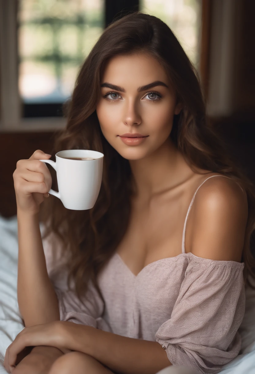 arafed woman with a summer dress, having coffee, listening to music, sexy girl with brown eyes, portrait sophie mudd, brown hair and large eyes, selfie of a young woman, bedroom eyes, violet myers, without makeup, natural makeup, looking directly at the camera, face with artgram, subtle makeup, stunning full body shot, in bedroom, cleavage