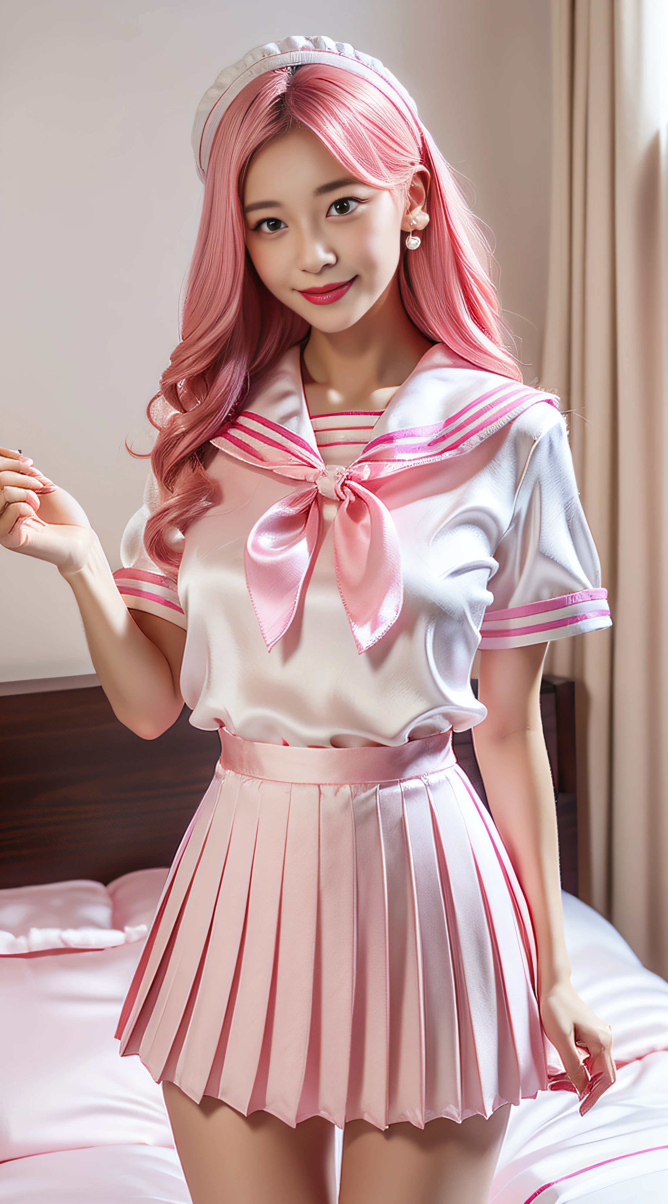 beautiful illustration、top-quality、beautiful woman、bedroom、A pink-haired、length hair、(Pink pleated skirt、pink sailor suit、shortsleeves、large breasts,、lovely thighs、glowing thigh, silk skirt, tight silk sailor outfit