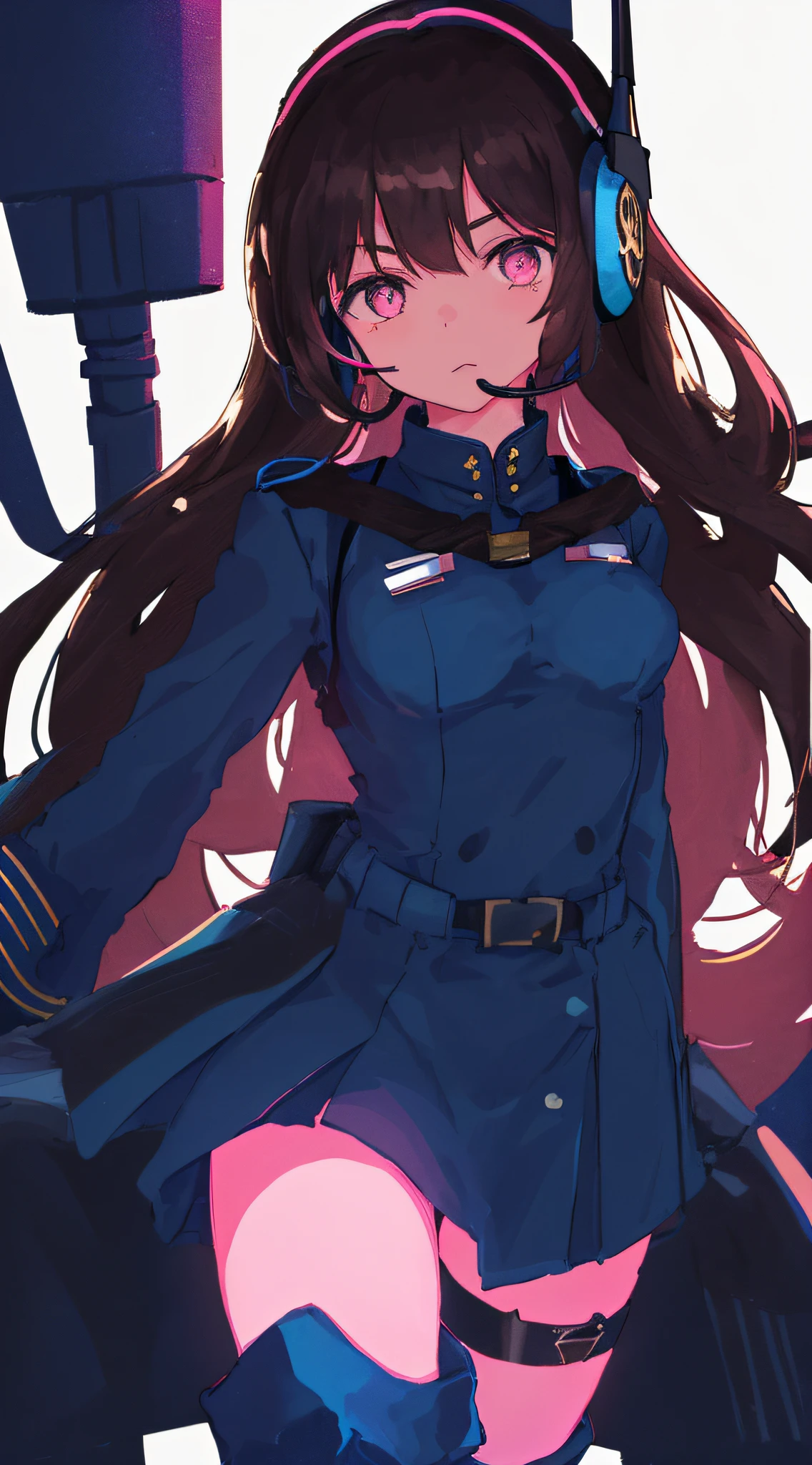 1girl, young girl, solo, a drawing of an android girl, (((li))), ((short height)), (breasts), (((long brown hair))), ((side parted front hair)), ((purple eyes)), shy expression, (((((black and dark blue navy officer uniform:1.4))))), ((military uniform decorations)), ((fighter pilot harness)), ((headset)), (((((((white background))))))), (((no object decorations))), (((standing upright))), portrait photo, ((straight body posture)), (photoshoot), arms straight down, (looking towards viewer), ((face forward)), sci-fi, futuristic, ((night,dark pink and dark blue lighting theme:1.35))