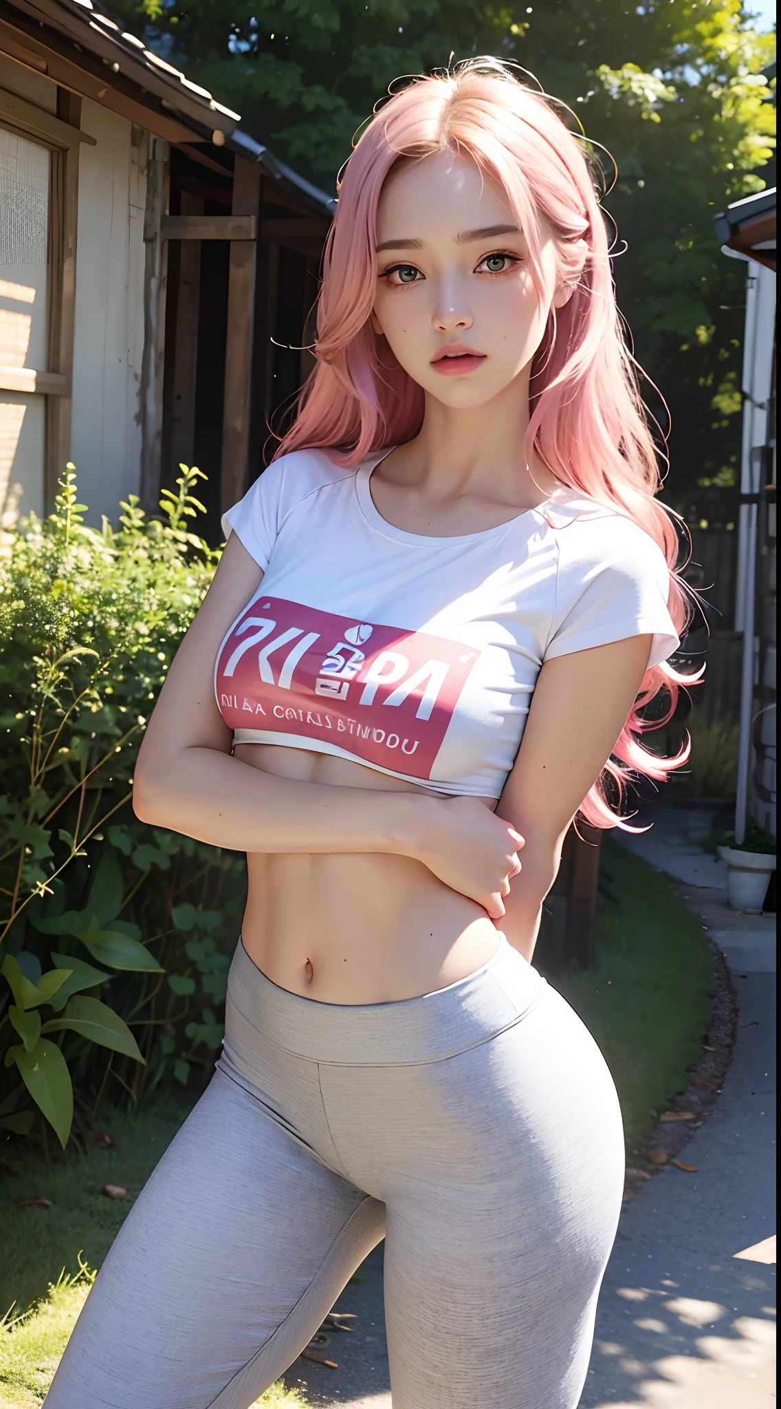 (hyperrealistic), (illustration), (high resolution), (8K), (extremely detailed), (best illustration), (beautiful detailed eyes), (best quality), (super detailed), (masterpiece), (wallpaper), (detailed face), solo, 1 girl, white wavy hair, korean, heterochromic eyes, small moles under the eyes, pink t-shirt top, black yoga pants underneath, long legs, tight abs, no chest leakage, background street, standing