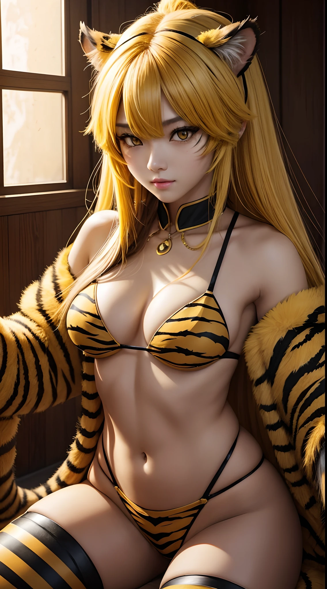 She is a tiger beastman。Yellow eyes、beautiful countenance、Yellow skin