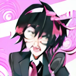 anime boy with black edger cut and red tie in front of a pink background, anime moe artstyle, cute anime boy, (anime boy), [[[[grinning evily]]]], kawaii anime manga style, cute kawaii boy, kawaii realistic portrait, cute anime face, digital anime art!!, anime style portrait, emo anime boy, anime artstyle