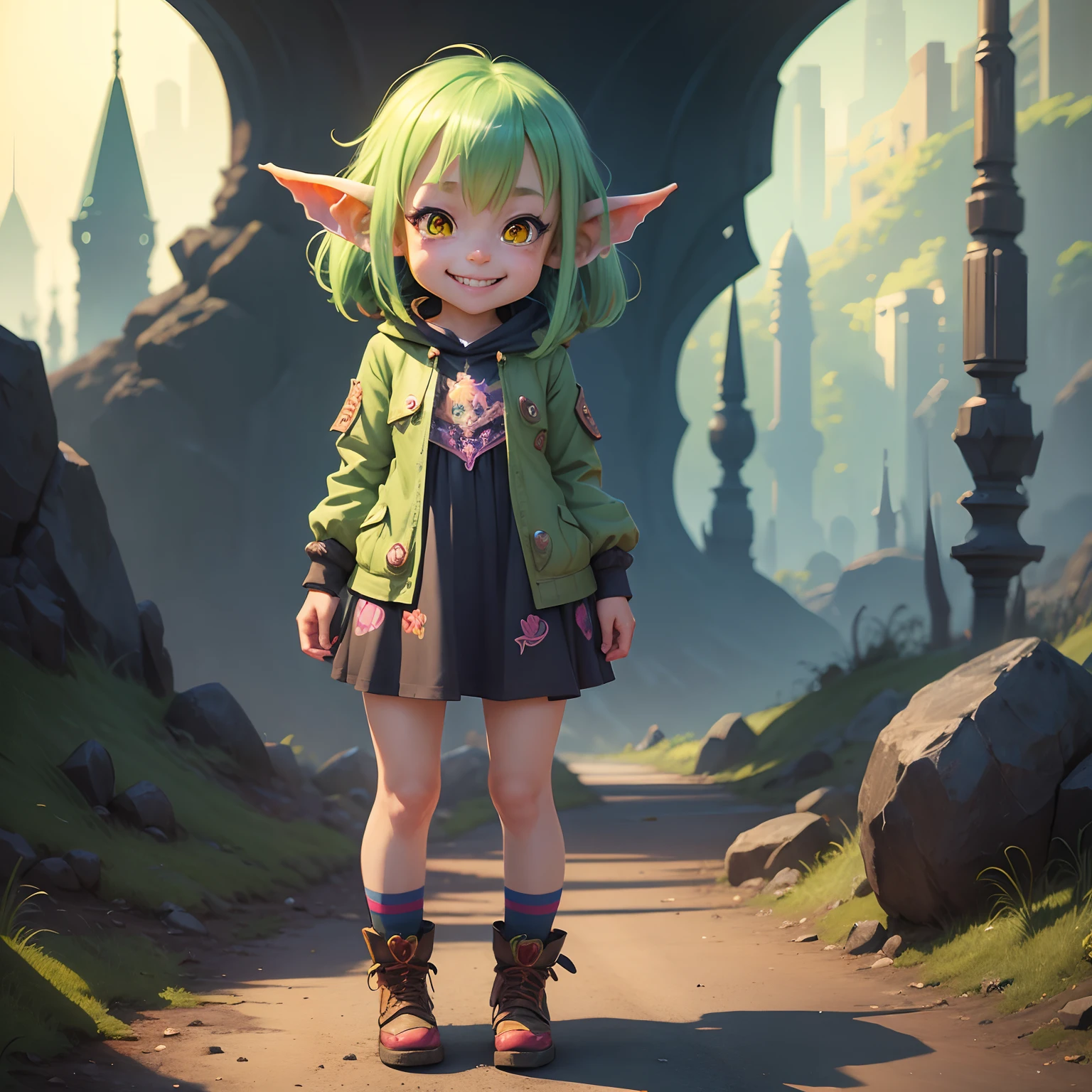 full body, goblin girl, short stack, shorty, sharp detail, colourful, colorful, anime style, novel illustration, beautiful, digital painting, big expressive eyes, happy smile, excited,