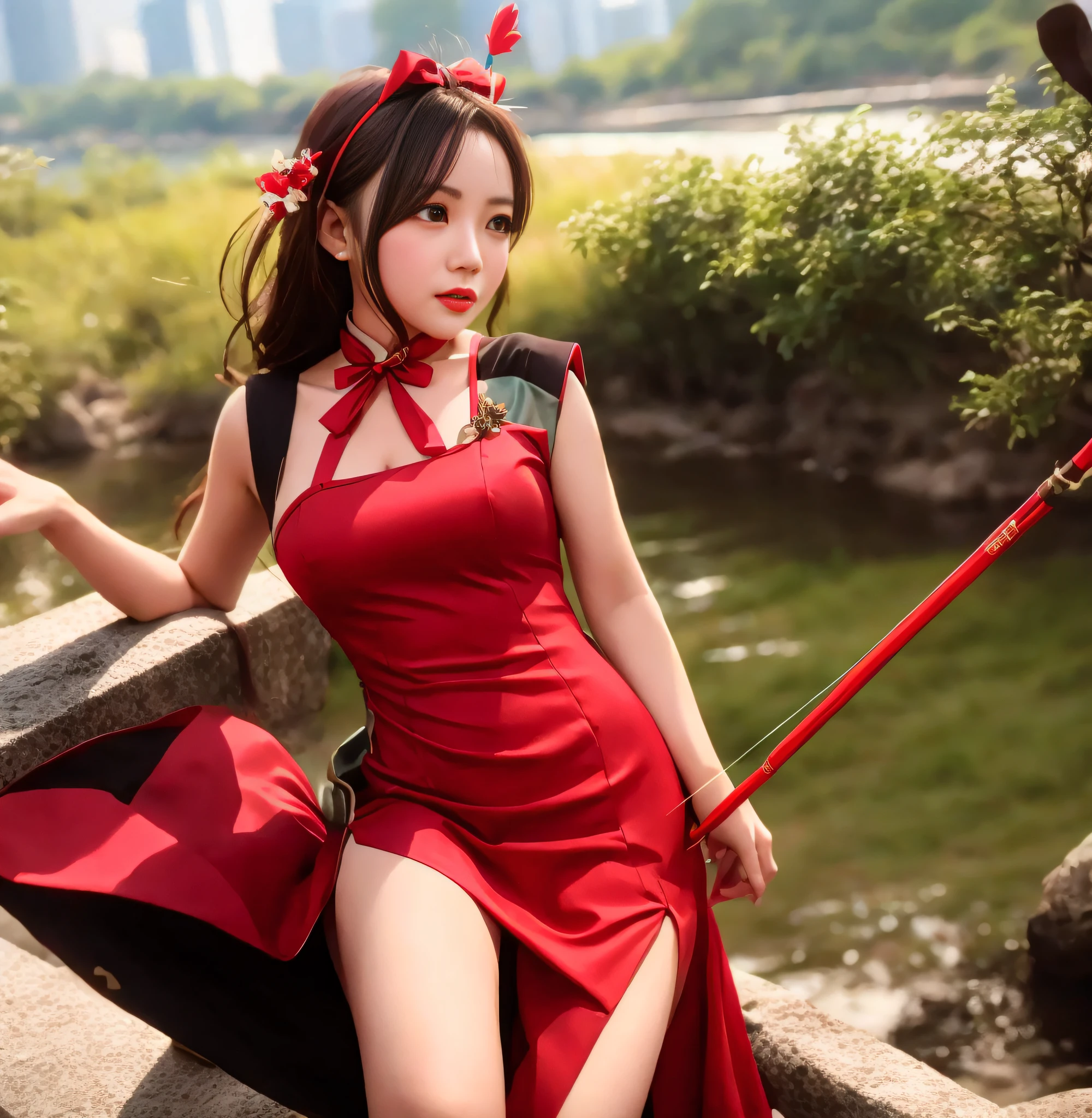 Woman in red cheongsam mini dress、There is a bow and arrow on the riverbank