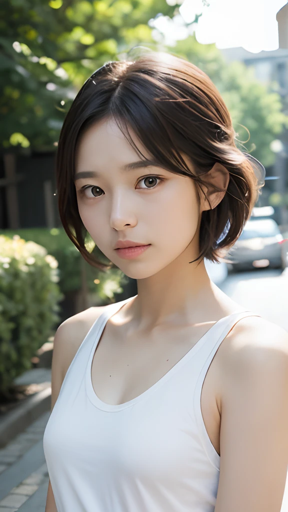 (masutepiece, Best Quality:1.5), 8K, 18year old, 85 mm, Official art, Raw photo, absurderes, violaceaess, gardeniass, Upper body, close up, Solo, Delicate girl, Tank top, Cinch West, Street, Bokeh background, Looking at Viewer, natural, Candid, (Summer, Standing, sideshot:0.6), Sharp Focus, face lights, Eyes and faces with detailed