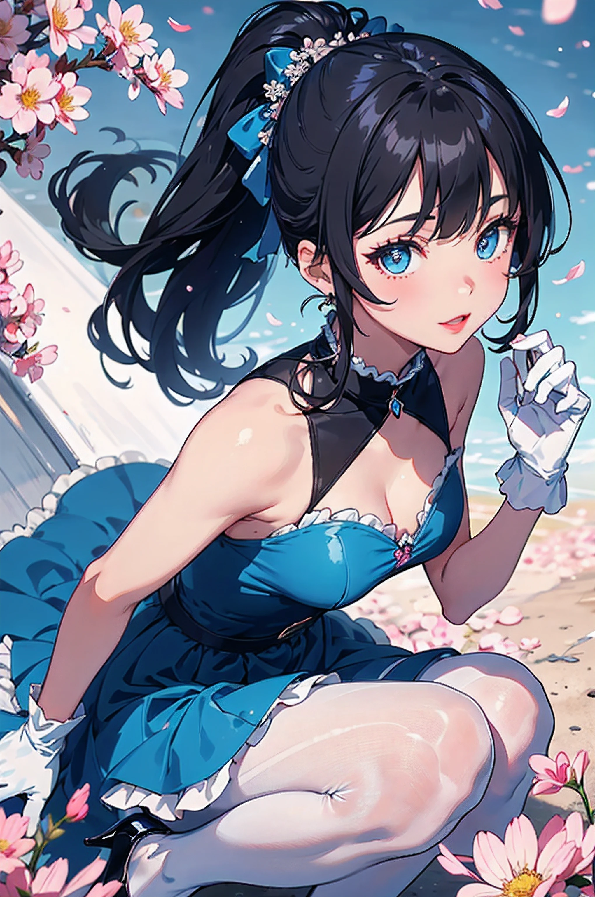 Highest quality、Highest Resolution、Highest quality、16K、One beautiful woman、Cute face、Delicate face、Bob cut hair、Dark Hair Color、Pale blue eyes、Beautiful breasts、