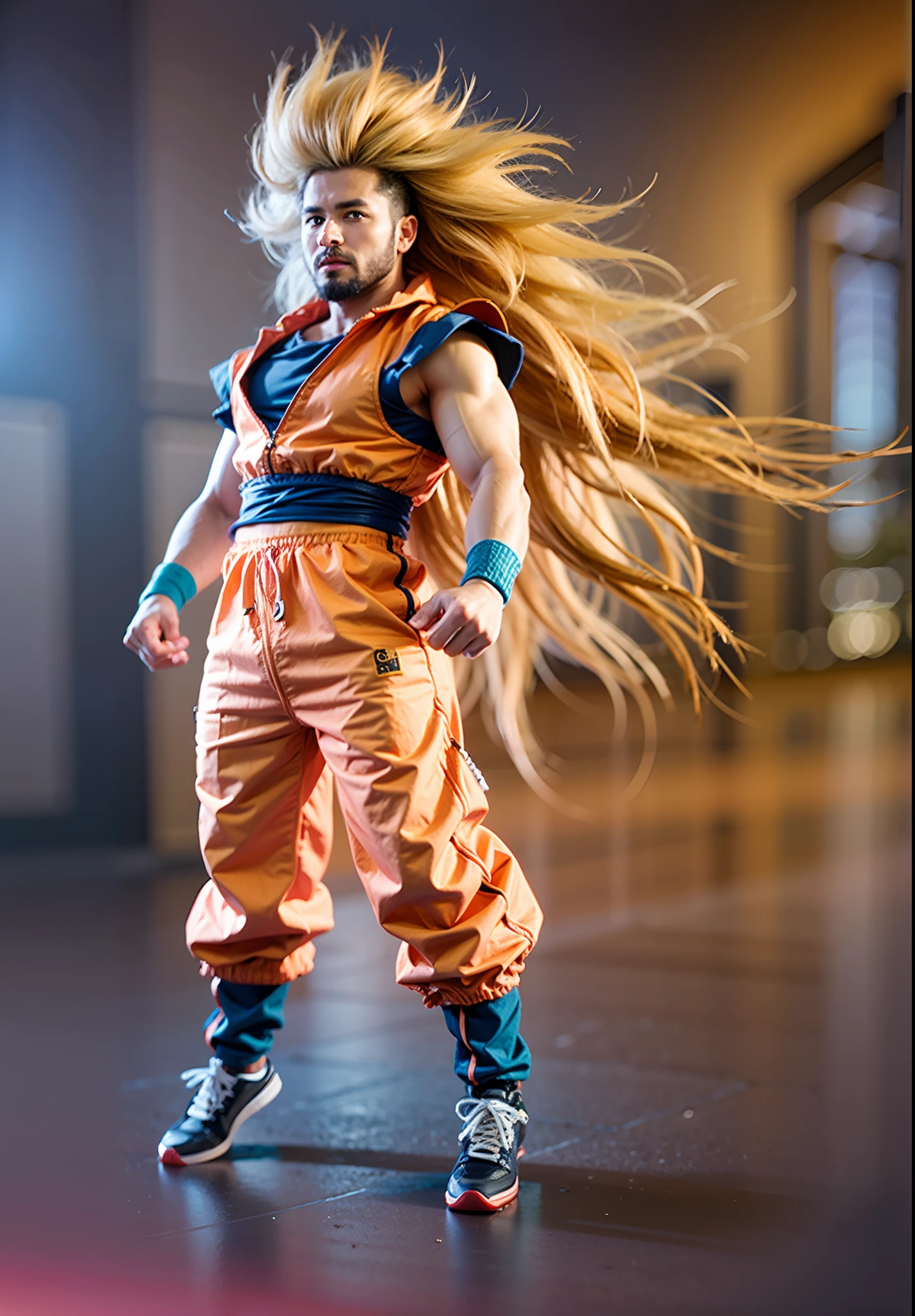 personagem masculino, longos cabelos loiros, camisa top laranja, camisa interna azul com mangas, pulseiras de pano azul, orange pants, Blue sneakers with red accents and orange drawstring