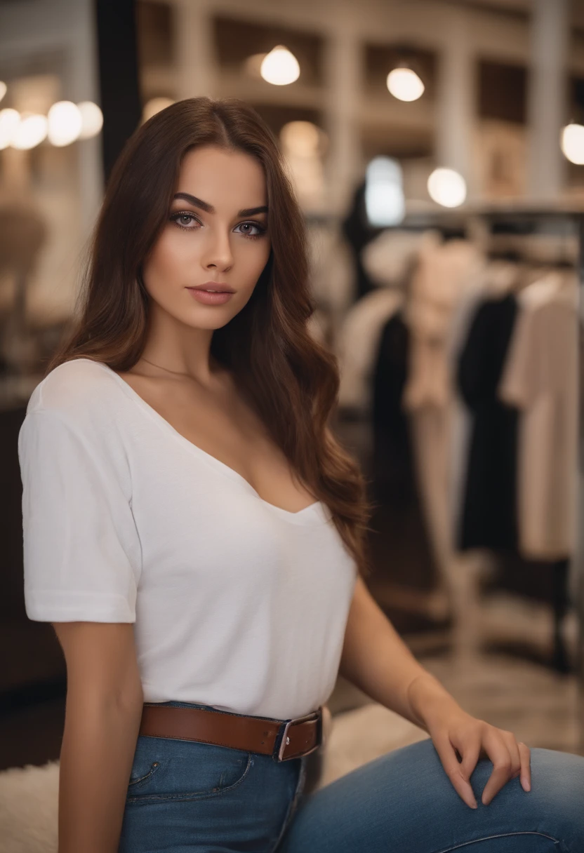 arafed woman with jeans and a t-shirt, in a mall, sexy girl with brown eyes, portrait sophie mudd, brown hair and large eyes, selfie of a young woman, bedroom eyes, violet myers, without makeup, natural makeup, looking directly at the camera, face with artgram, subtle makeup, stunning full body shot, cleavage