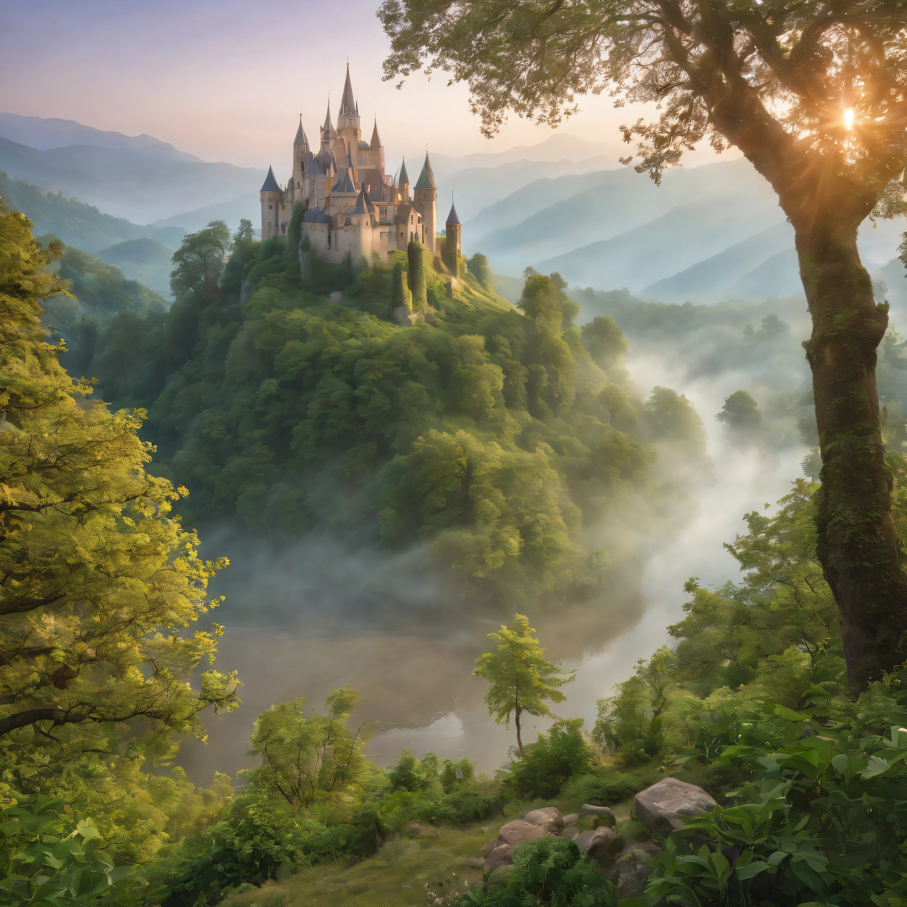 (Best quality,4K,8K,A high resolution,Masterpiece:1.2),Ultra-detailed,(Realistic,Photorealistic,photo-realistic:1.37),Imaginary landscape,mystical ambiance,an enchanted forest,mythological creatures,Ancient ruins,A shining light,Invisible miracles,Colorful flora and fauna,Breathtaking mountains and valleys,Hidden waterfalls and streams,with golden rays piercing through the trees,Mysterious fog and mist,A magical glow at dusk,Gods and goddesses in mythology,The wind blows through the leaves,Tranquil reflection on the lake,Huge mythical tree with hanging vines,Crystal clear sky,The stars shine,Peaceful harmony between nature and living things,A hidden path to an unknown adventure,Wisdom and knowledge preserved in ancient books,Majestic castles and temples,Spectacular sunsets and sunrises on land,Charming music playing in the background,From snow-capped peaks to lush meadows,Diverse landscape,Discover and explore legendary worlds.