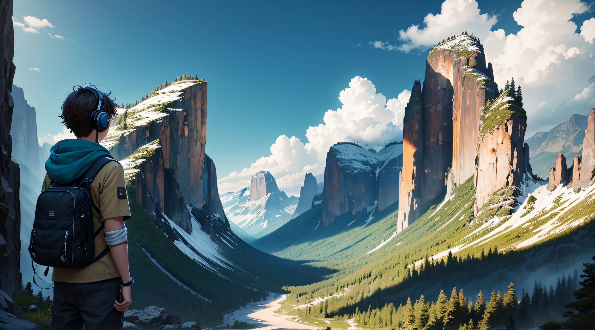 Design an enticing YouTube channel image for a travel-centered channel, represented by an intrepid 12-year-old boy wearing headphones. Create a captivating scene that encapsulates the essence of a journey through majestic mountains, lush forests, and under a clear, expansive sky.

Position the boy amidst the awe-inspiring beauty of towering mountains, surrounded by dense trees, and framed against the backdrop of a pristine, clear blue sky. The boy should be wearing headphones, signifying his connection to music as he immerses himself in the natural world.

Incorporate elements that emphasize the grandeur of the landscape – winding trails, rays of sunlight filtering through the trees, and the tranquility of the natural surroundings. The image should evoke a sense of wonder, exploration, and the pure joy of travel.

Include the channel's name, 'Mountain Melodies & Adventures,' in a font that seamlessly blends with the image's overall ambiance, creatively integrated into the design.

The image should evoke a strong sense of wanderlust, the thrill of travel, and the idea that music enhances the journey. It should inspire viewers to embark on their own adventures, surrounded by the breathtaking scenery and the melodies of nature, just like the boy on his mountainous expedition with his headphones.