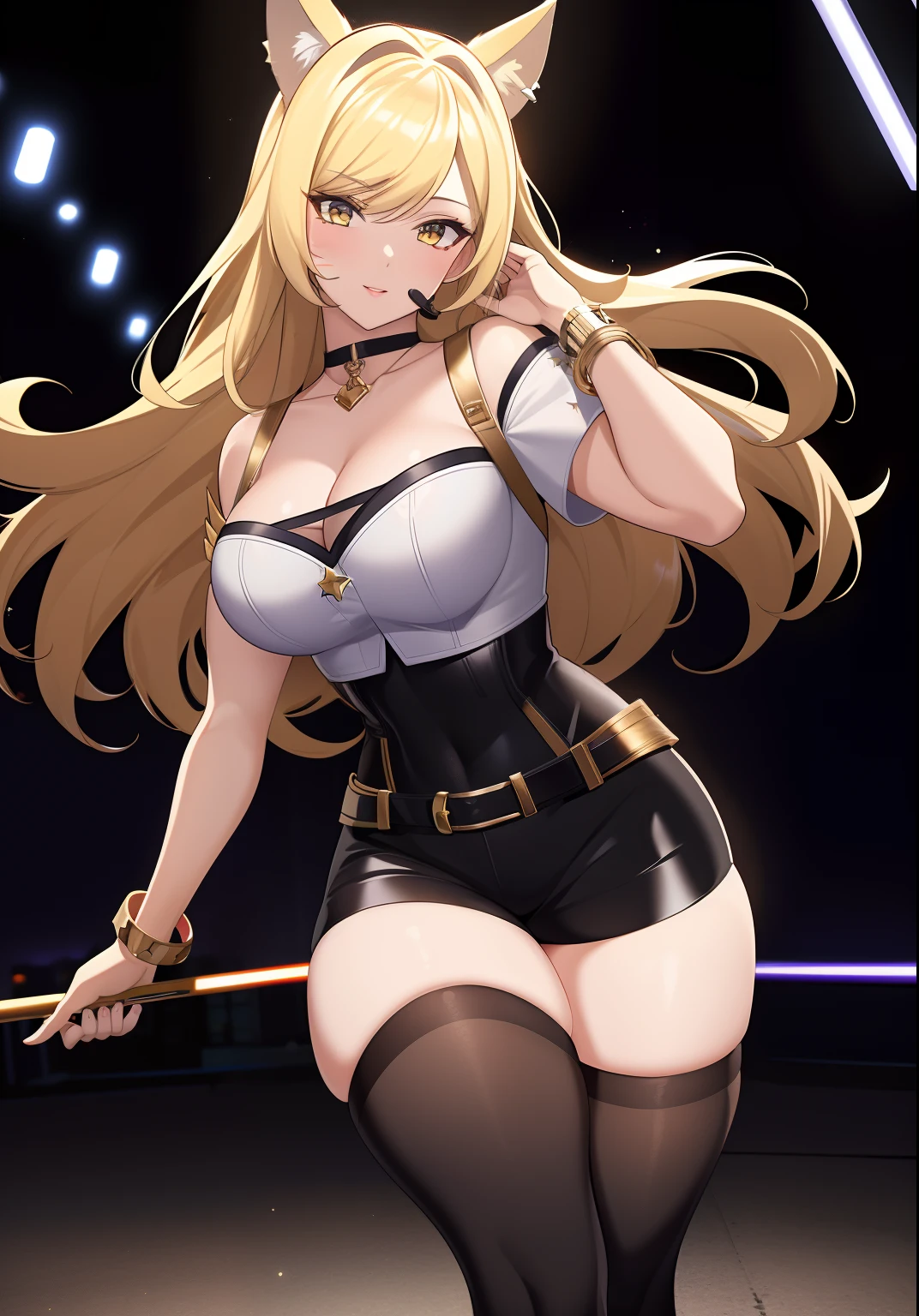 ((masterpiece)), (best quality:1.7), (detailed:1.4), (high res:1.4), 8k, (colorful:1.5), 2d, high resolution, sharped image, 4k, hd, kda_ahri_league, 1girl, (((solo))), (((blonde hair))), yellow eyes, long hair, upper body, cleavage, ((curvy body)), medium breasts, headset, choker, thighhighs, black thighhighs, animal ears, fox ears, jewelry, bare shoulder, short sleeves, white shirt, black short, facial marks, whisker markings, idol, jewelry, bracelet, black boots, ((idol)), night, ((stars)), moon,  city lights, ((modern street)), (((lights))),