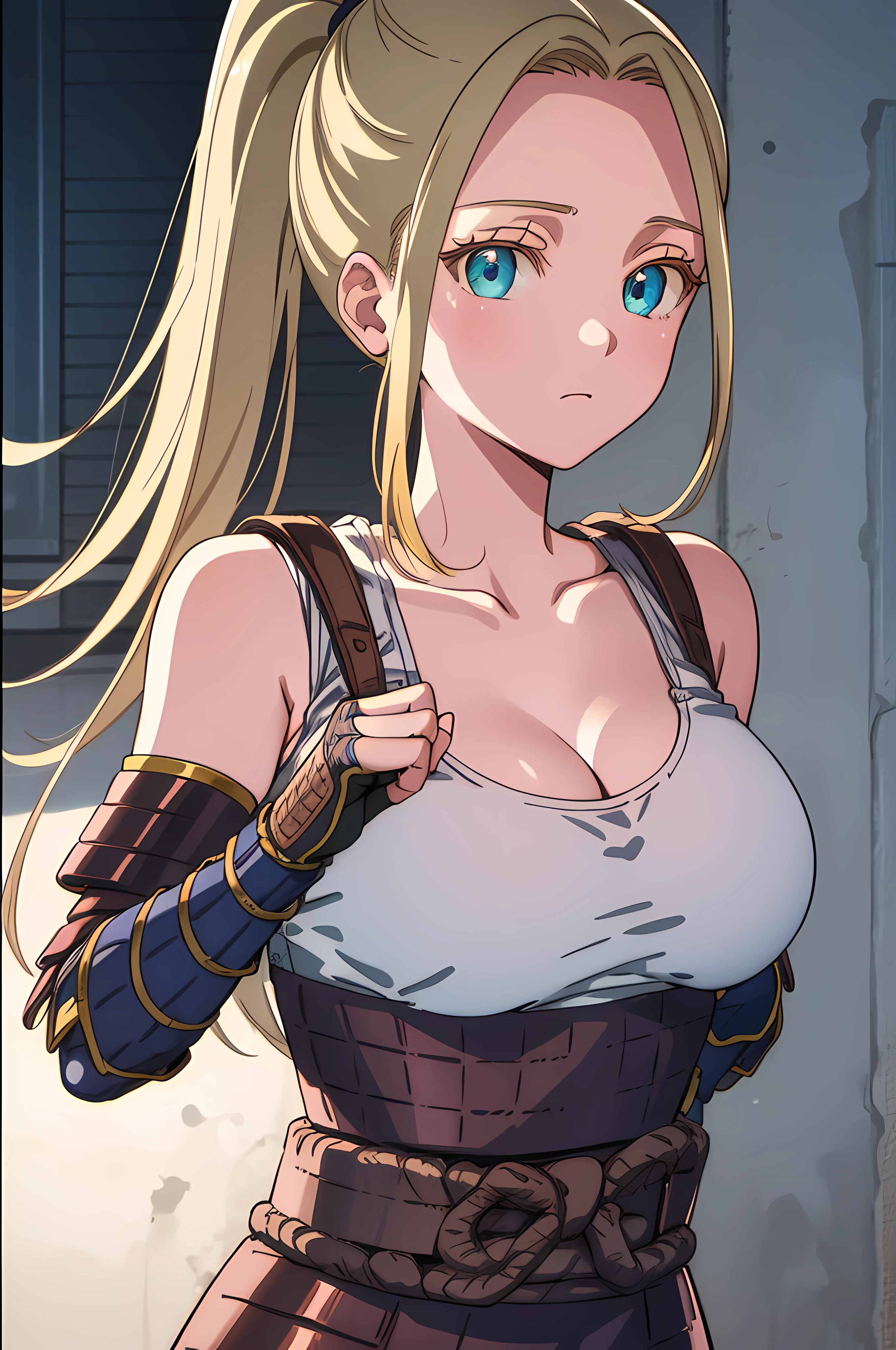 beatrixamerhauser, beatrix amerhauser, long hair, blue eyes, blonde hair, gloves, ponytail, (huge tits),
BREAK gloves, fingerless gloves, armor, japanese armor, tank top, white tank top, cleavage, collarbone,
BREAK looking at viewer,
BREAK outdoors,
BREAK (masterpiece:1.2), best quality, high resolution, unity 8k wallpaper, (illustration:0.8), (beautiful detailed eyes:1.6), extremely detailed face, perfect lighting, extremely detailed CG, (perfect hands, perfect anatomy), (fullbody), (busty)