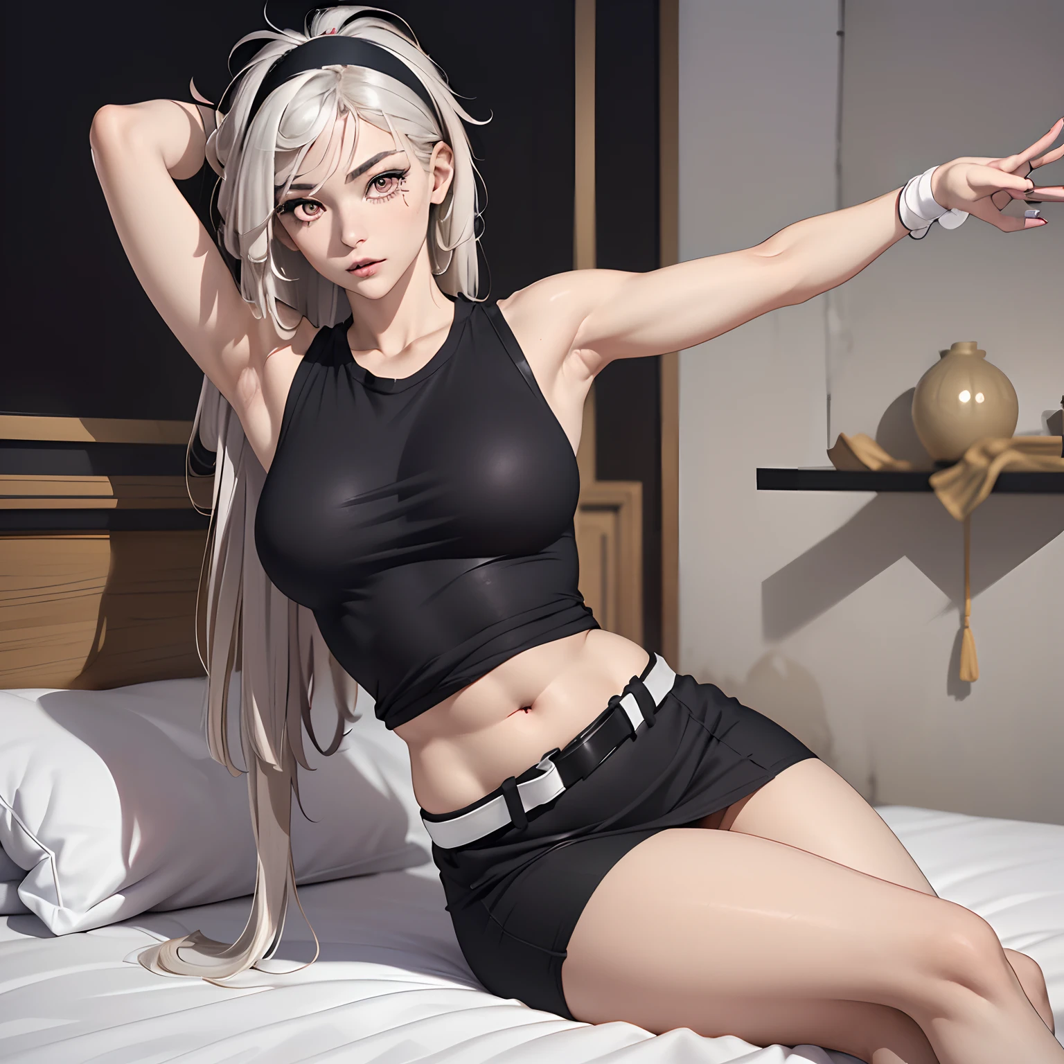(masterpiece, best quality), 1girl, beautiful face, (“Large breasts” “large rear” "wide hips" "plump thighs" muscular back due to yoga thin waist plump stomach black long hair "hazel colored eyes"”), (“"wears short black jumper which cuts off at stomach, leaving a partial bit of her stomach exposed" "grey pencil skirt" "black leggings" "white hairband" "black belt at waist"”), ("lying on the bed, teasing, thighs apart, hands behind her head, long blonde hair")