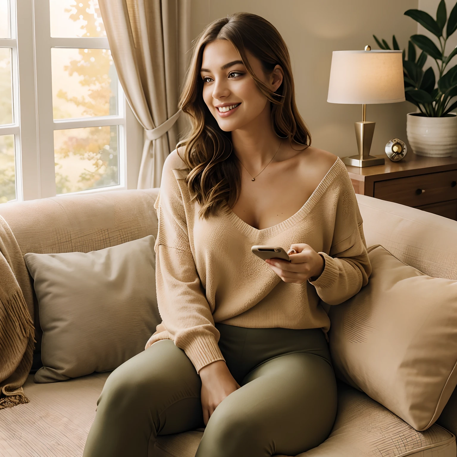 Capture the candid essence of Autumn, the charismatic influencer, laughing at something on her phone as she lounges comfortably on her home couch. Autumn, in her mid-20s, stands at approximately 5'4" with long, wavy chestnut hair cascading gracefully onto her shoulders. Her athletic hourglass figure is accentuated by her full bust, and her complexion radiates with a warm, sun-kissed tan. Autumn's expressive brown eyes exude charisma, and her demeanor is one of relaxed confidence.
Autumn is dressed in stylish yet comfy loungewear that complements her figure. She's adorned in a cozy, form-fitting sweater in a warm, inviting color, paired with soft, relaxed-fitting leggings. These clothes highlight her effortless style while ensuring maximum comfort.
The surroundings capture the coziness of Autumn's home. She's seated on a plush couch, adorned with soft cushions and cozy throws, and bathed in warm, inviting lighting that creates a comfortable and welcoming atmosphere.
But the spotlight here is on Autumn herself. In this candid moment, she's captured mid-laughter, her cellphone held in one hand, and her eyes twinkling with delight as she reads something amusing on the screen. These shots should masterfully convey the sheer joy and relaxation of her leisure time, with her phone and laughter as the focal point.
Intense makeup, laughter, looking down, symmetrical eyes, symmetrical face, photorealistic, photography, path tracing, specular lighting, volumetric face light, path traced hair, visible shadows, intricate, elaborate, hyper-realistic.